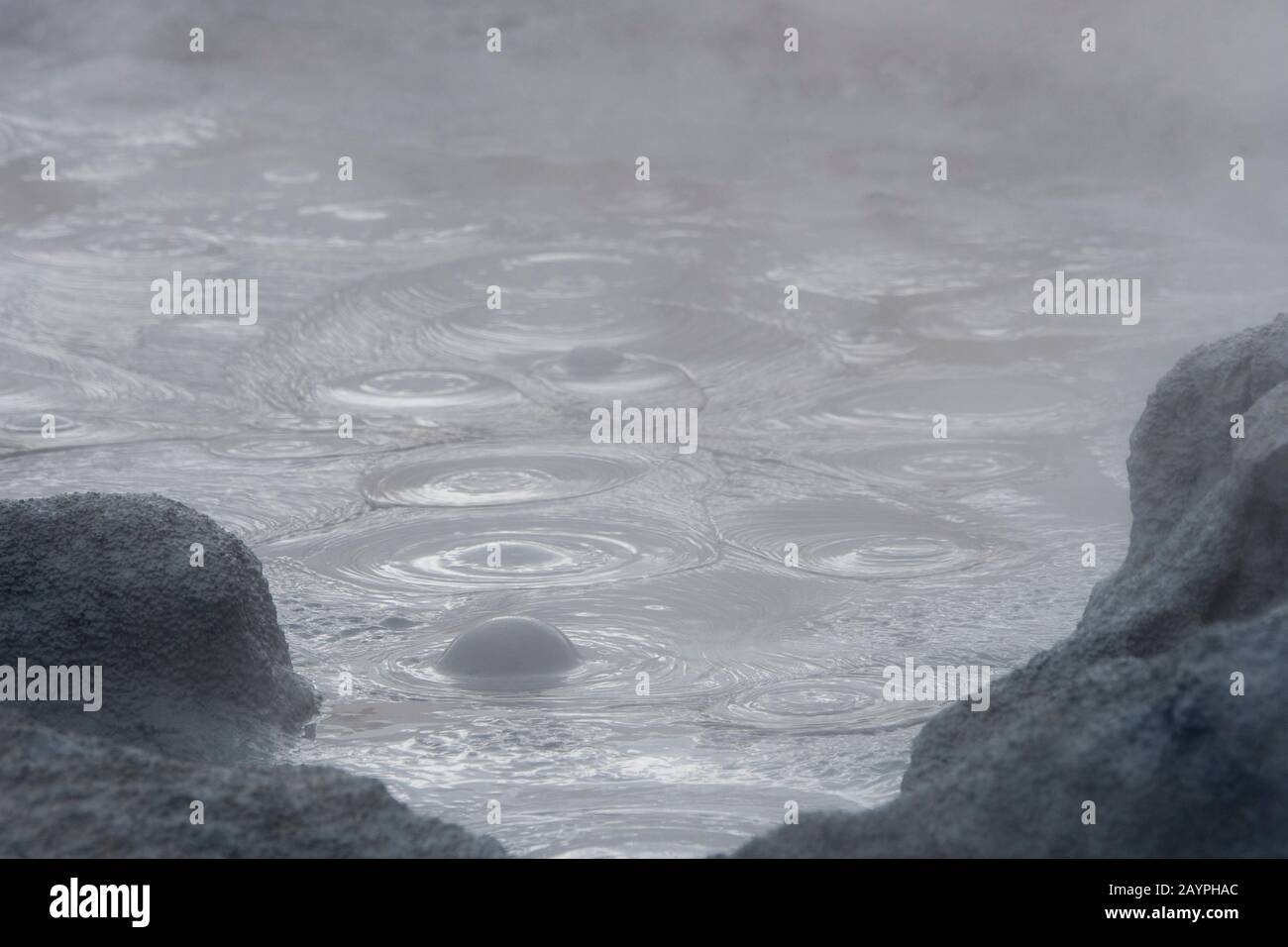 Kochende Schlammtöpfe im heißen Quellgebiet namens Hverir östlich des Mt. Namafjall in der Nähe des Lake Myvatn in Nordostisland. Stockfoto