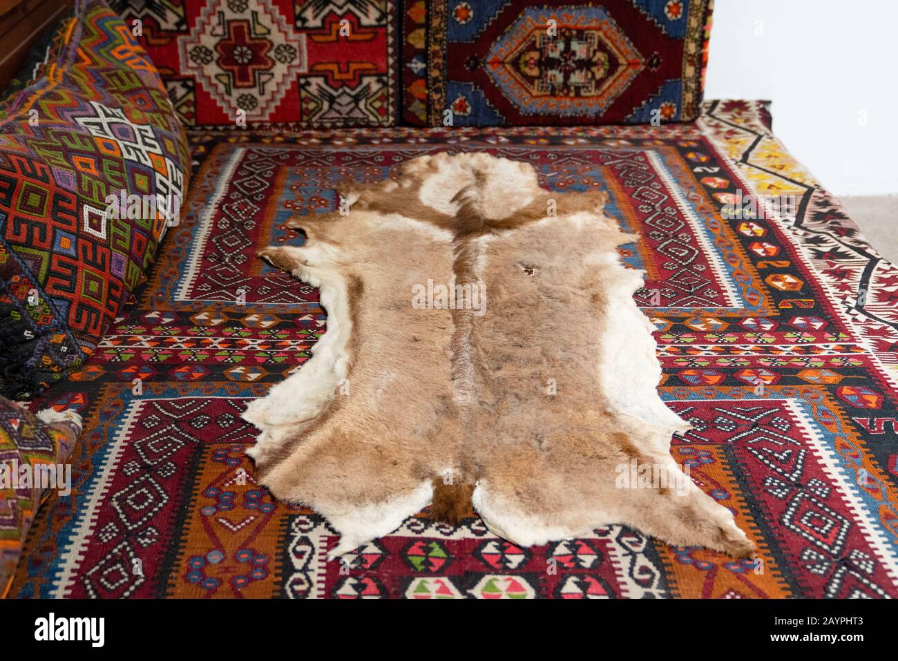 Tierverstecken oder Pelze mit orientalischen Teppichen, in Hacibektas Stadt, Nevsehir, Türkei Stockfoto