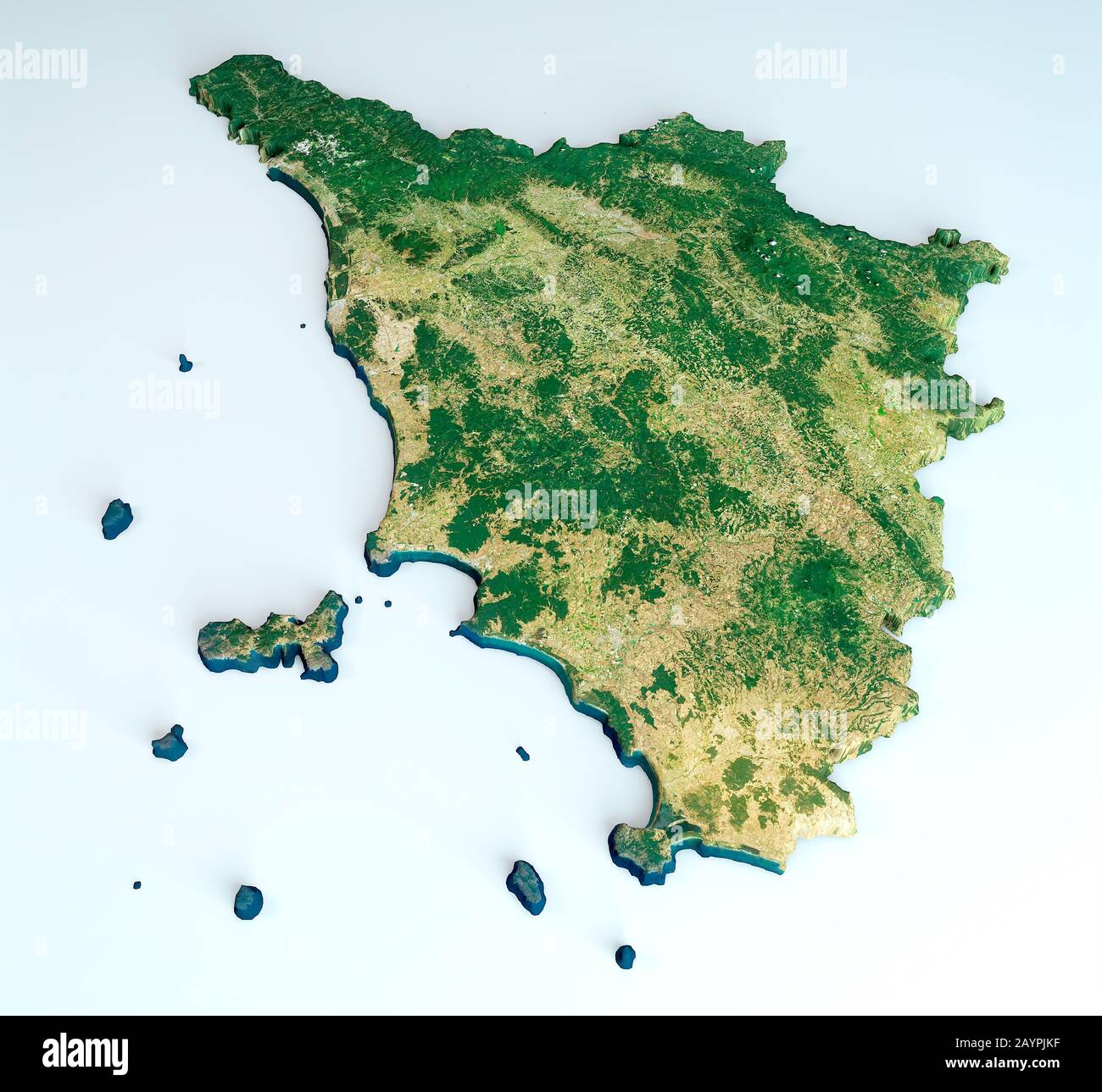 Satellitenansicht der Region Toskana. Italien. 3D-Rendering. Physische Karte von Toscana, Ebenen, Bergen, Seen, Gebirgszug der Apenninen Stockfoto