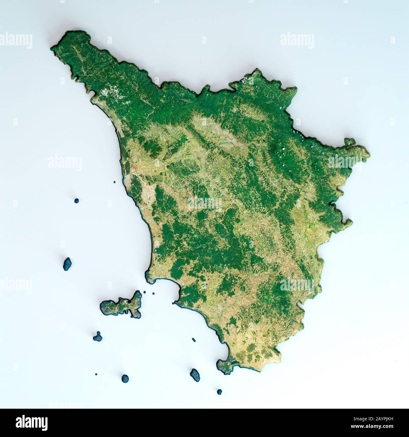 Satellitenansicht der Region Toskana. Italien. 3D-Rendering. Physische Karte von Toscana, Ebenen, Bergen, Seen, Gebirgszug der Apenninen Stockfoto