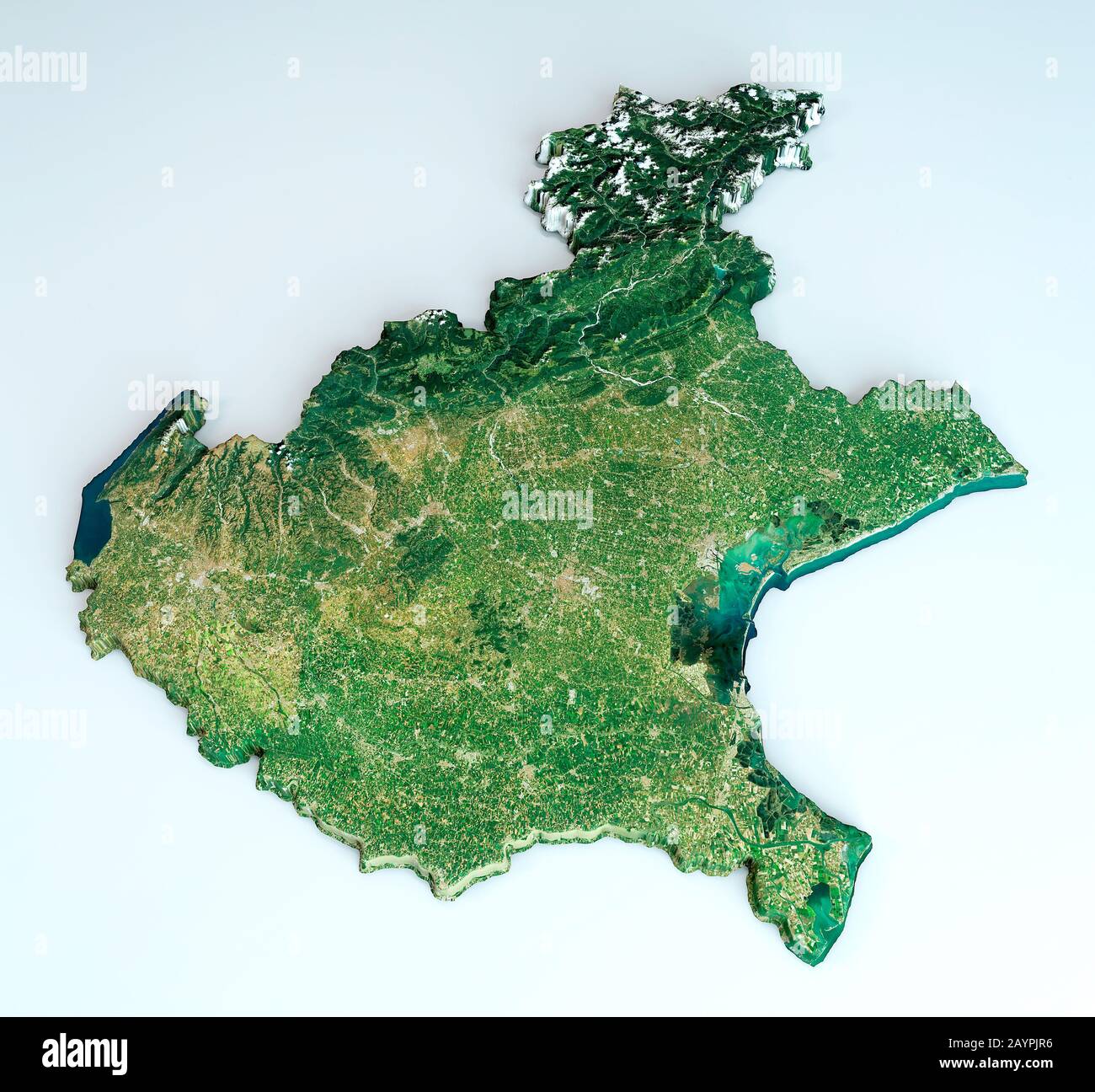 Satellitenansicht der Region Venetien. Italien. 3D-Rendering. Karte von Venetien, Ebenen, Bergen, Seen, Bergketten der Alpen Stockfoto