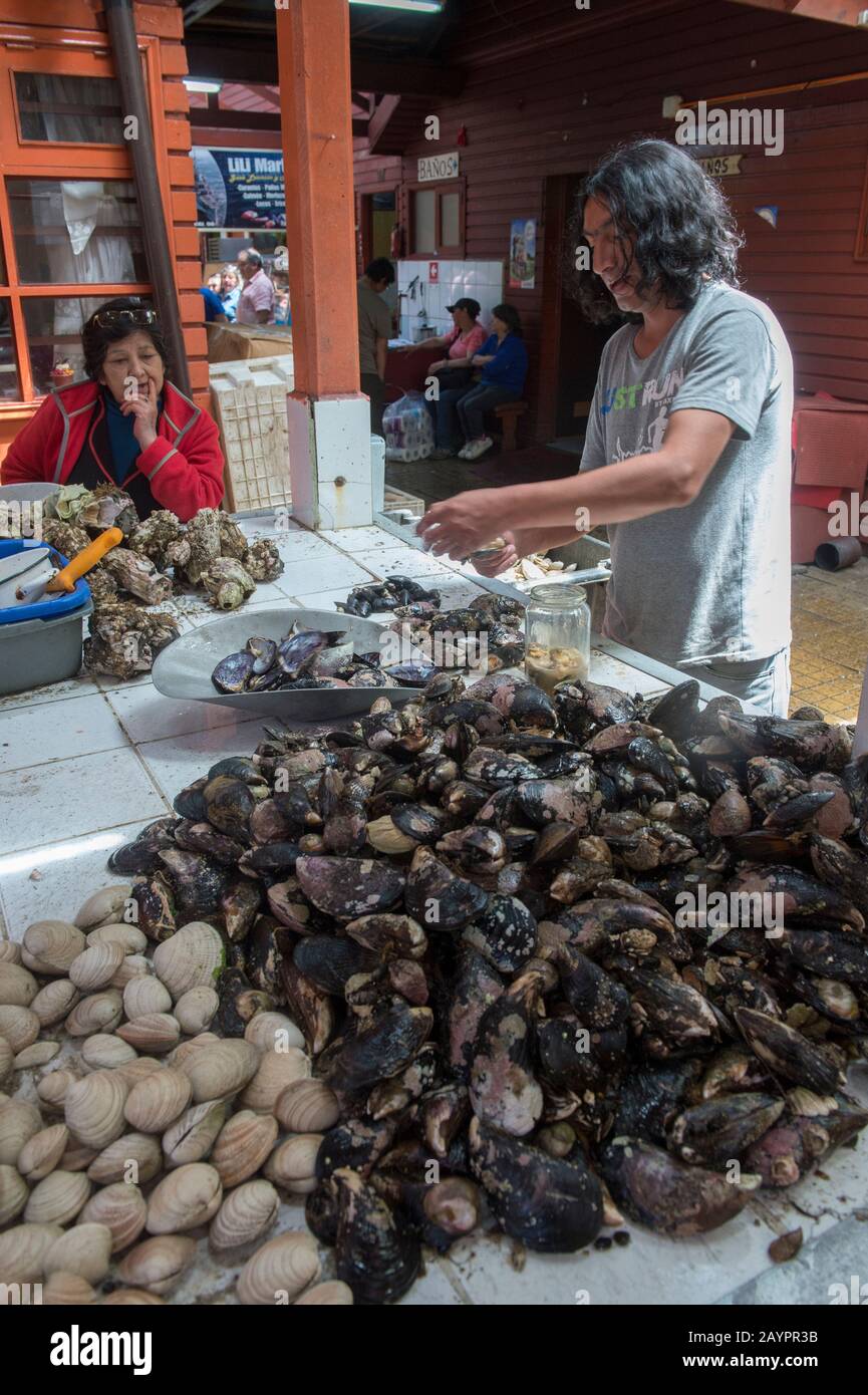 Marktszene mit einem Mann, der in der Markthalle in Angelmo, Puerto Montt im Süden Chiles Muscheln und Muscheln verkauft. Stockfoto