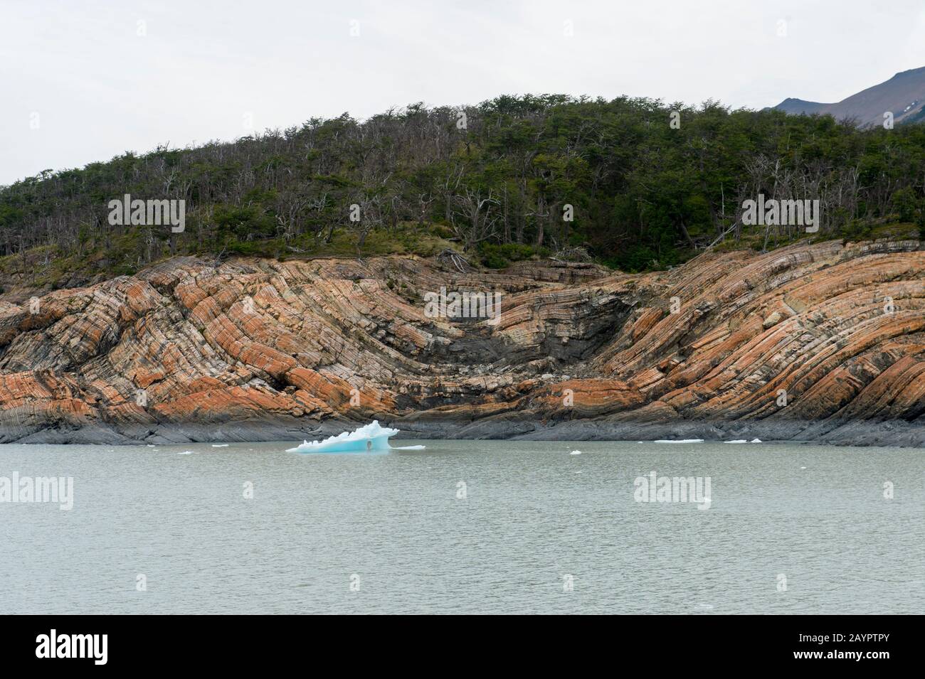 Blick auf die Felsen, die vom Eis des Perito Moreno Gletschers im Los Glaciares National Park in der Nähe von El Calafate, Argentinien, poliert wurden. Stockfoto