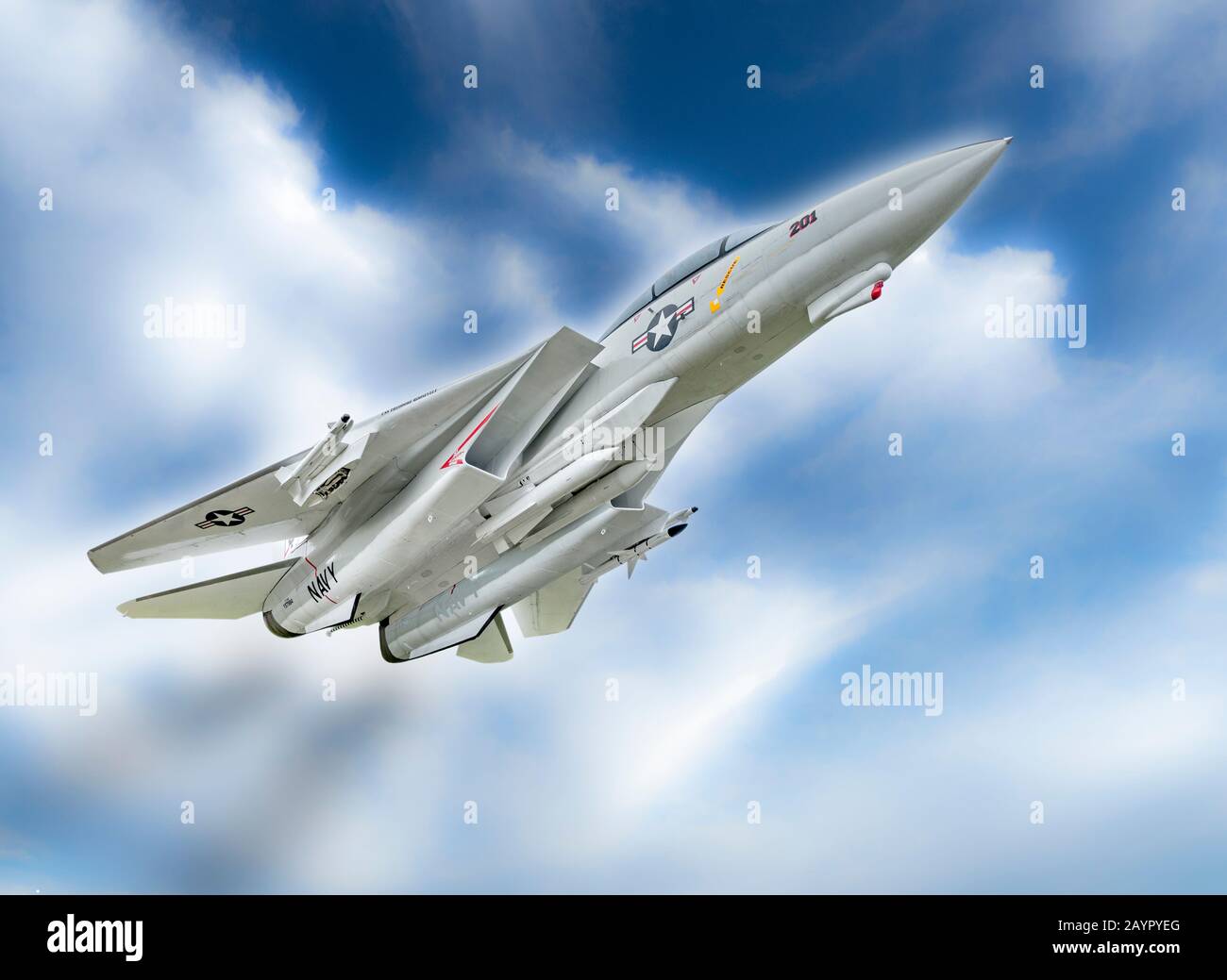 F-14 Kampfflugzeug der Tomcat US Navy im horizontalen Flugbild Stockfoto