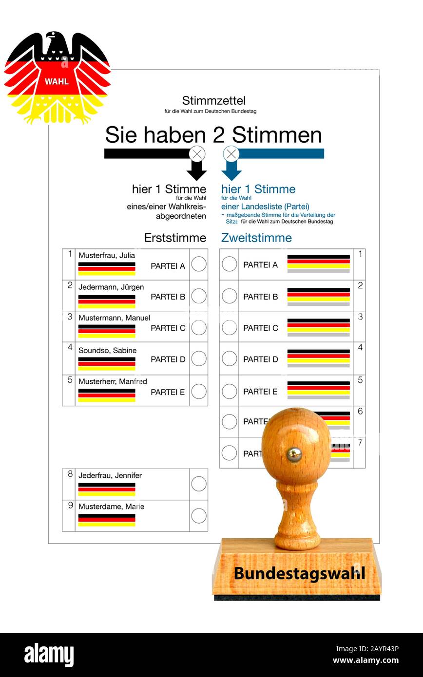 Briefmarkenschrift Bundestagswahl, Wahlen, Wahlzettel im Hintergrund, Deutschland Stockfoto