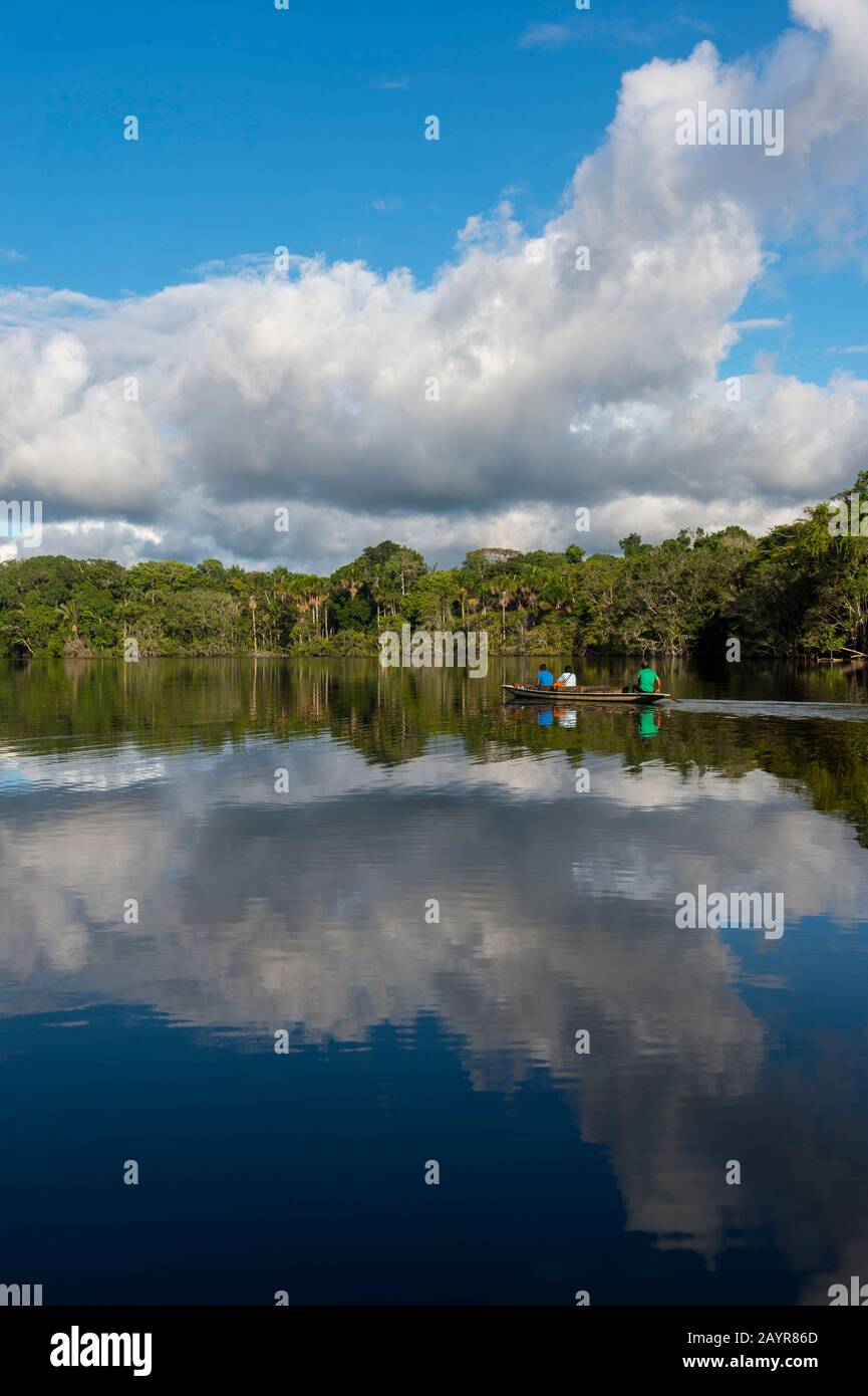 Menschen in einem Kanu auf dem Garzacocha-See im Regenwald der La Selva Lodge in der Nähe von Coca, Ecuador. Stockfoto