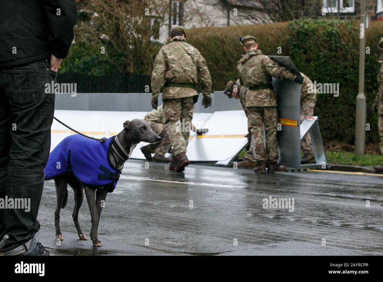 Februar 2020, Ilkley, West Yorkshire, Großbritannien. Rund 75 Soldaten des 4th Battalion, Royal Regiment of Scotland, unterstützen die Mitarbeiter der Environment Agency bei der Errichtung von Hochwasserschutzbarrieren zum Schutz von Wohnhäusern an der Denton Road in der Stadt. ©Ian Wray. Stockfoto