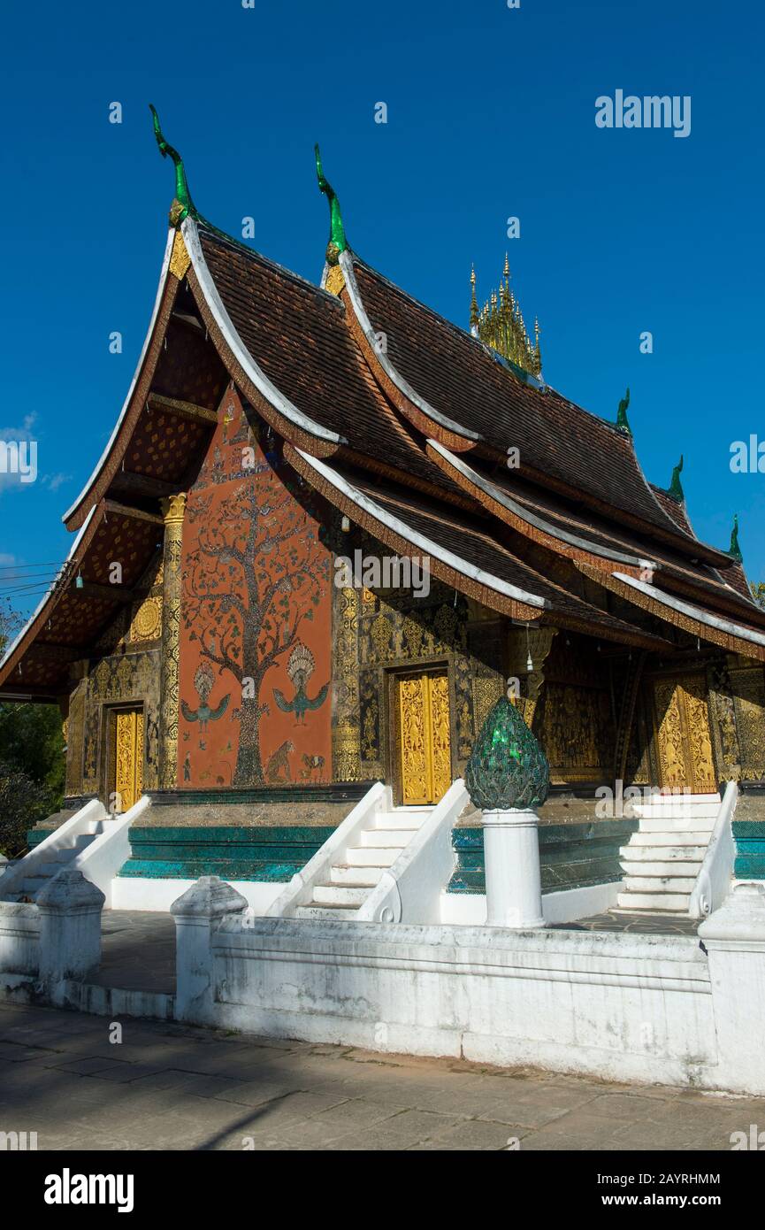 Blick auf das Mosaik des Lebensbaums an der Seitenwand des Wat Xieng Thong im UNESCO-Welterbe Luang Prabang in Zentral-Laos. Stockfoto