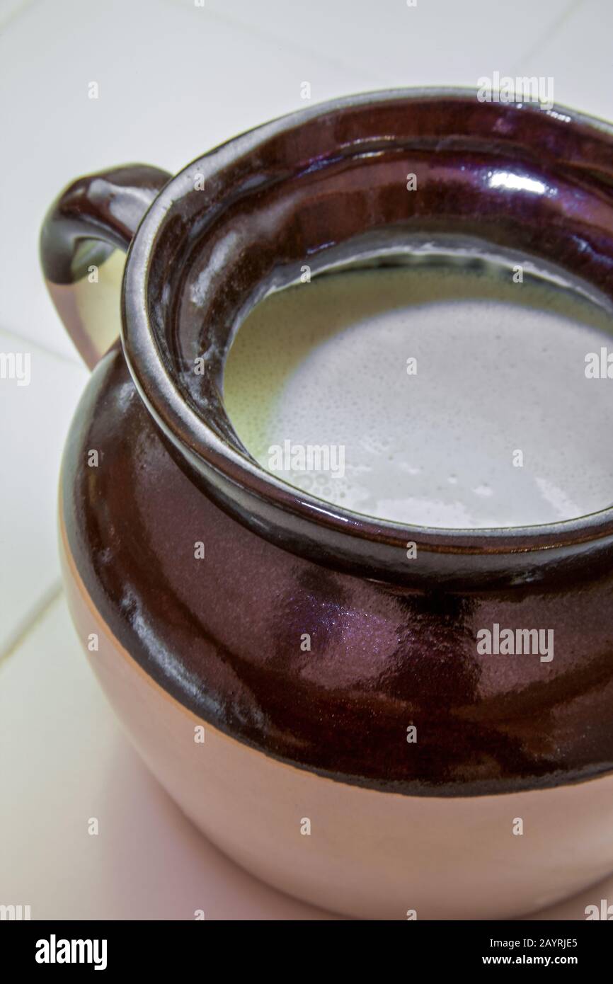 Geschirr aus Quellteig als Grundlage für die Herstellung von Sauerteigbrot. Der Starter wird erfroren, wenn die Hefepopulation wächst. Stockfoto