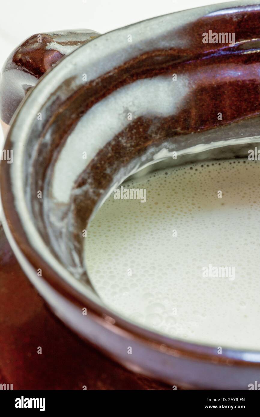 Geschirr aus Quellteig als Grundlage für die Herstellung von Sauerteigbrot. Der Starter wird erfroren, wenn die Hefepopulation wächst. Stockfoto