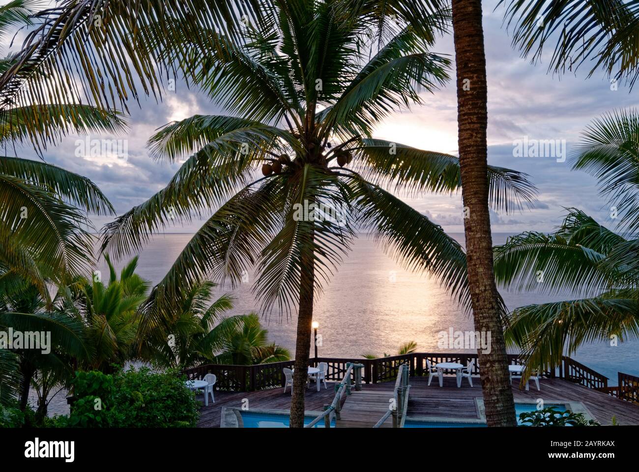 Sonnenuntergang in Niue mit einer Kokospalme im Vordergrund Stockfoto