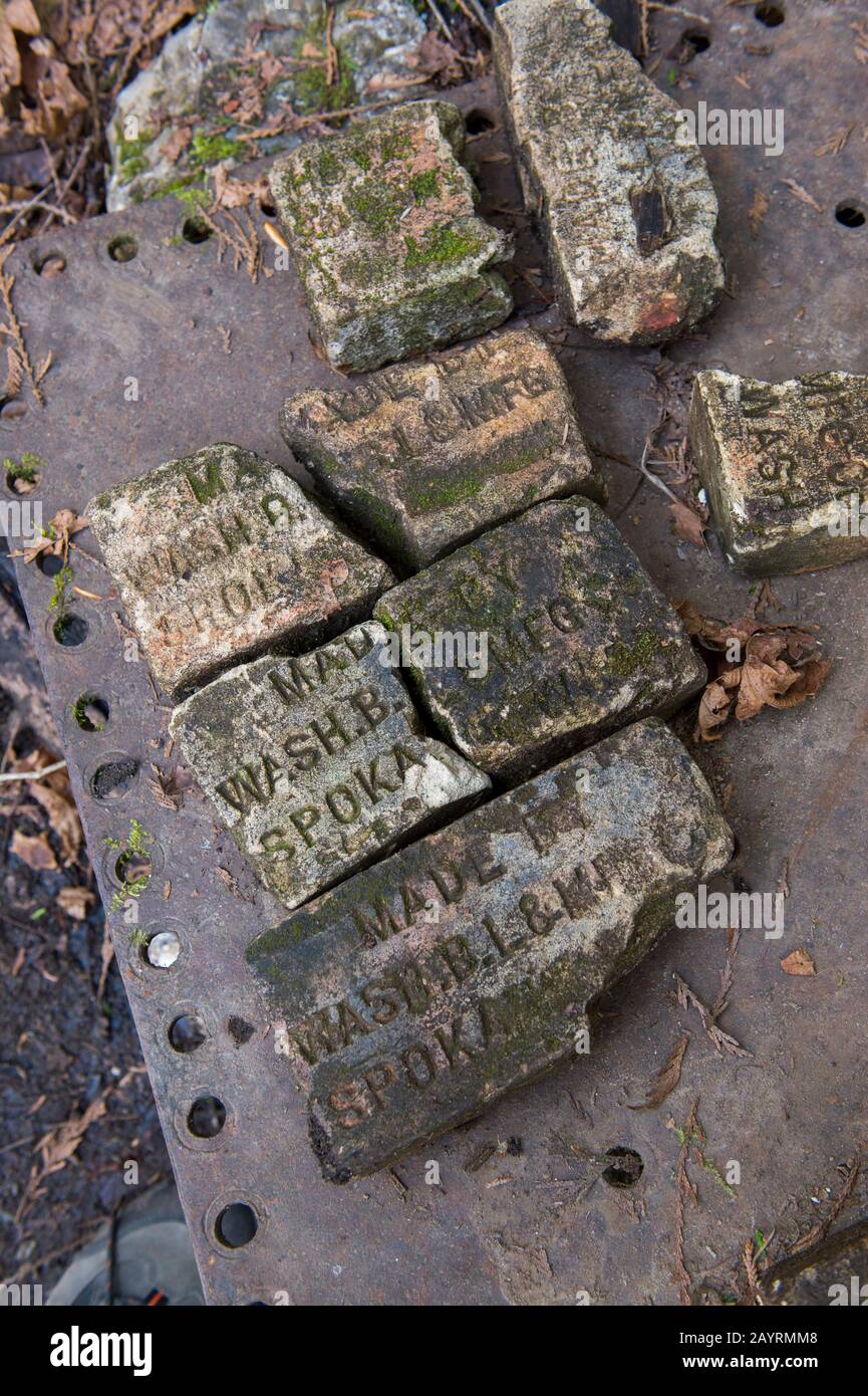 Alte Ziegelsteine, Relikte aus dem Bergbau und Holzeinschlag vorbei, entlang des Lime-Brennofen-Pfades in der Nähe von Granite Falls, Washington State, USA. Stockfoto