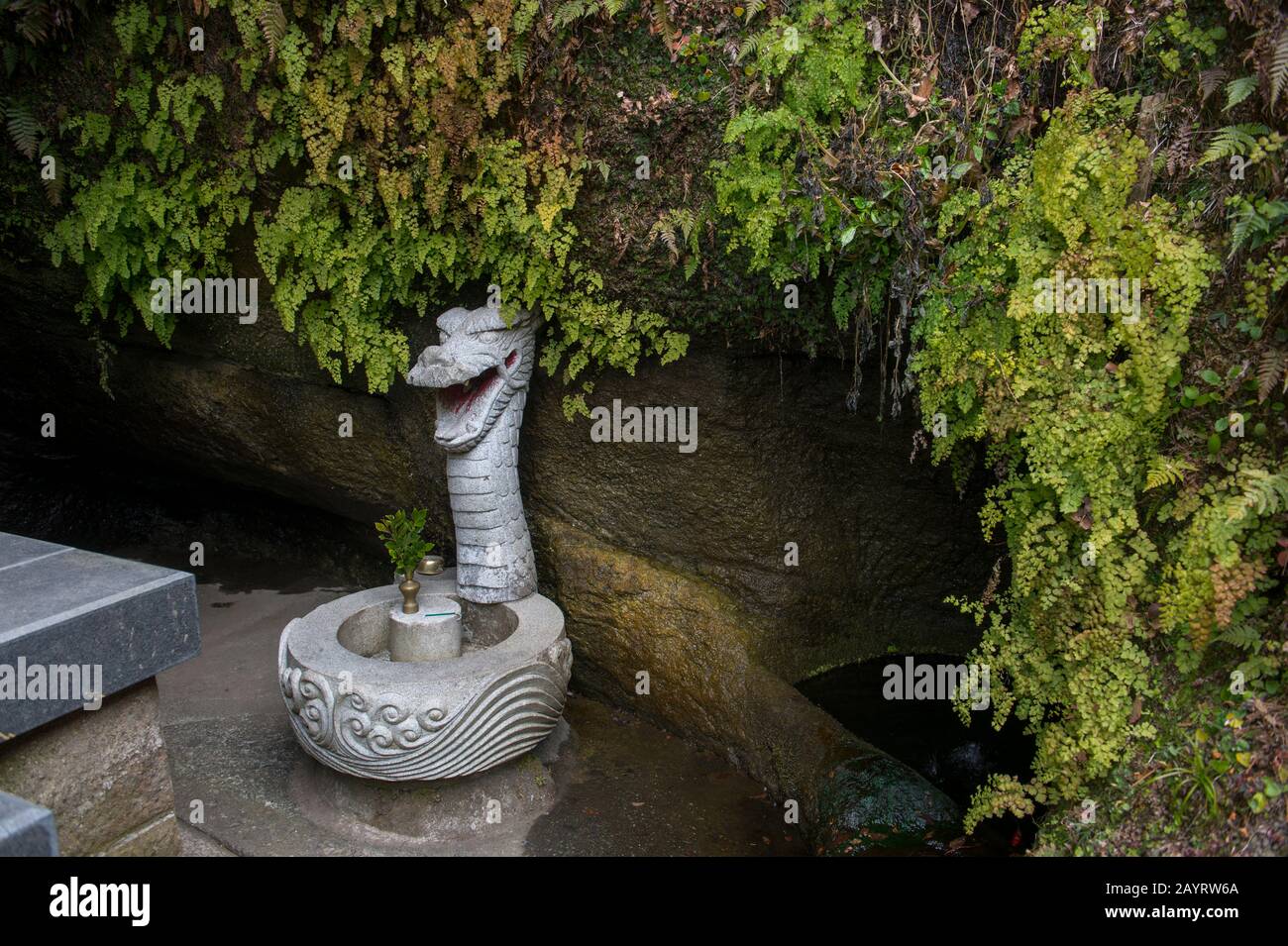 Ein Drachensteinschnitzen am Ugafuku-Schrein Zeniarai Benzaiten, im Volksmund einfach Zeniarai Benten genannt, ist ein Shinto-Schrein in Kamakura, Kanagawa p Stockfoto