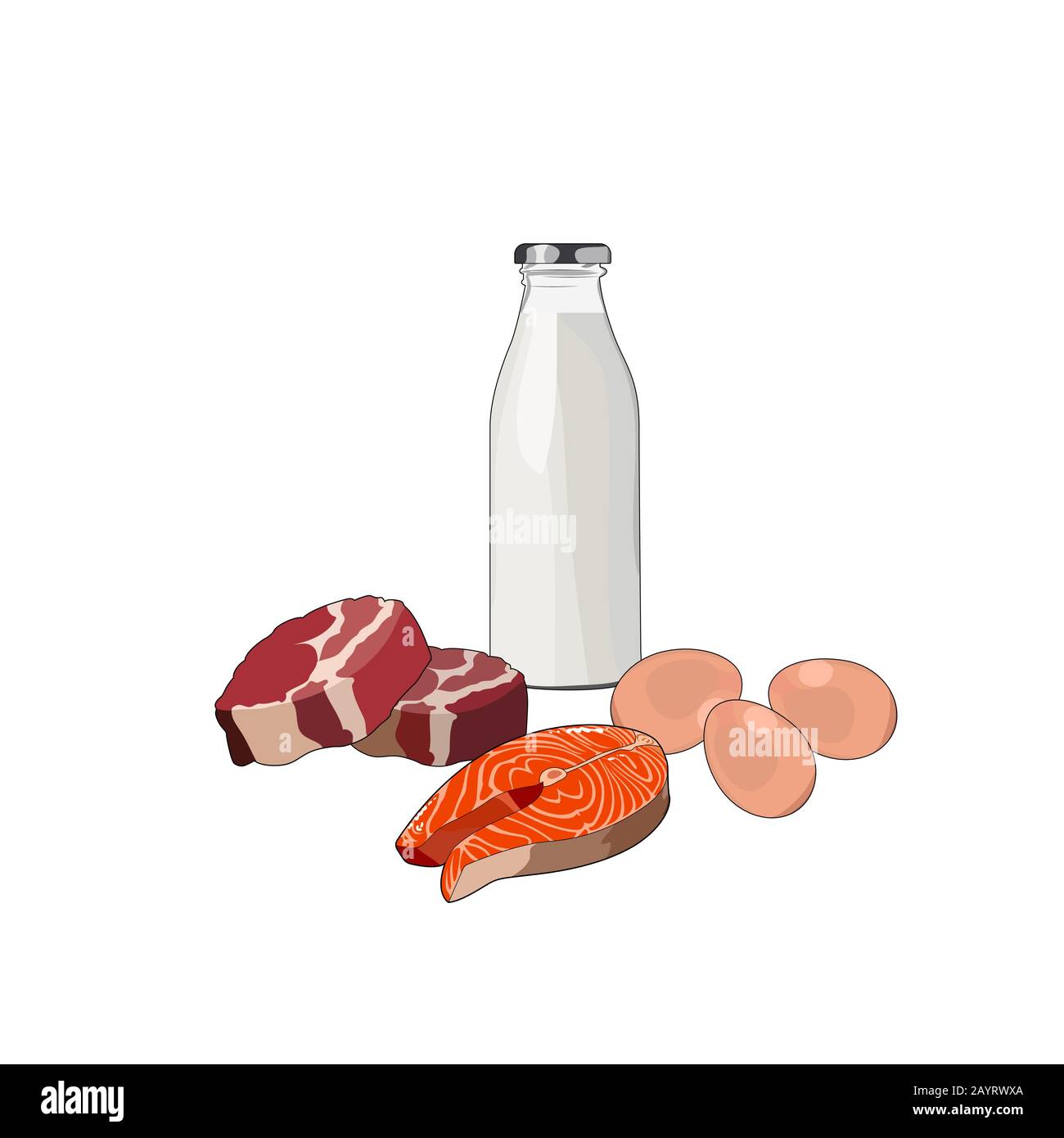 Milchkost. Milch, Eier, Fleisch, Fisch. Tierisches Fett, Protein, Kalzium, vitaminreiche Lebensmittel. Gewichtsverlust Vektor-Grafik Abbildung Milch Eier Fleisch Stock Vektor
