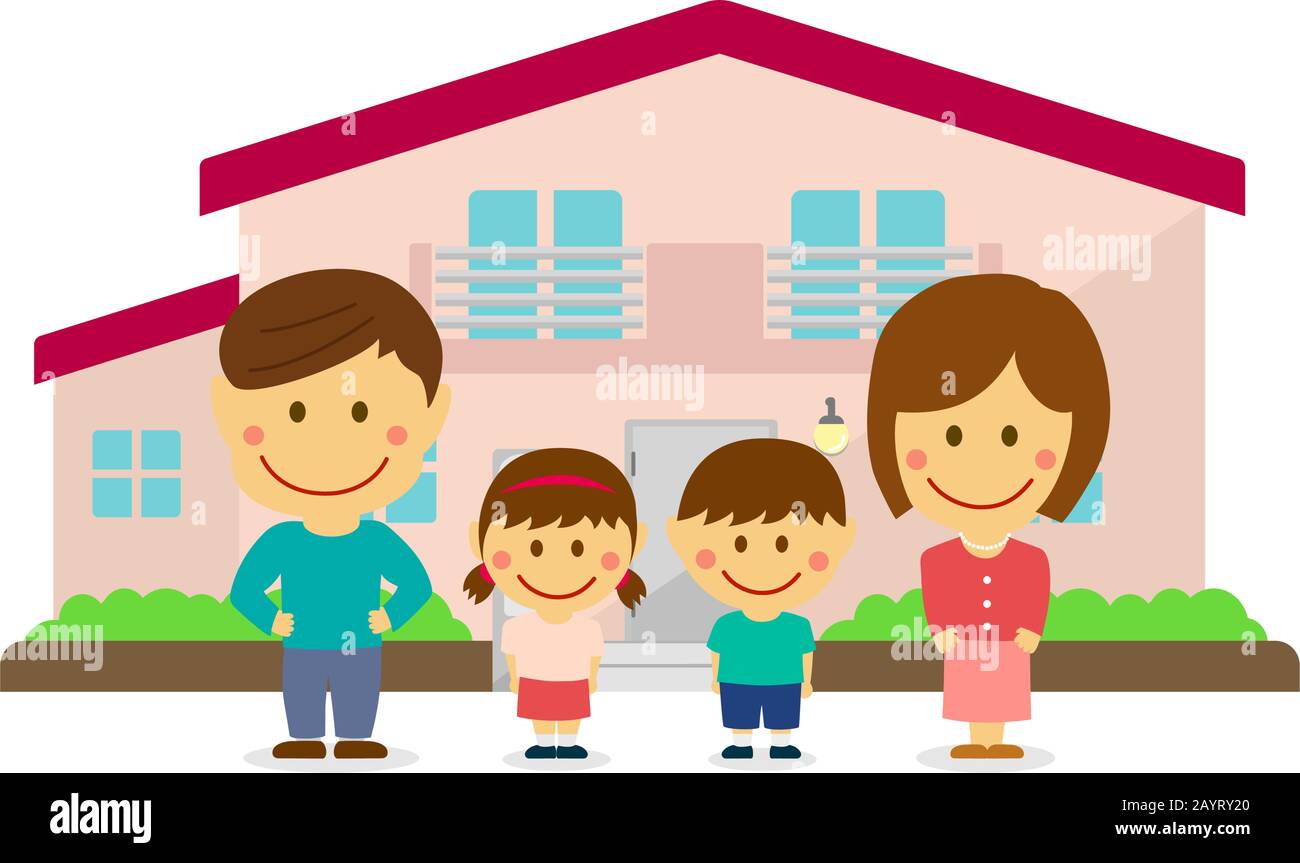 Happy Family (asiatisch) und neues Haus. Flat Vector Llustration (neu errichtetes Haus). Stock Vektor