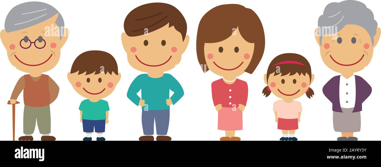 Deformierte Cartoon große Familie flache Vektorgrafiken, die in einer Reihe stehen (asiatische Familie). Stock Vektor