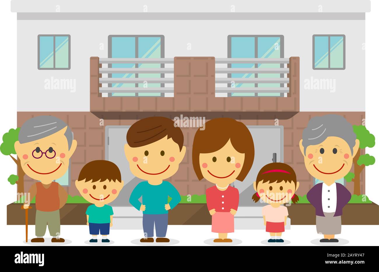 Happy Family (asiatisch) und neues Haus. Flat Vector Llustration (neu errichtetes Haus). Stock Vektor