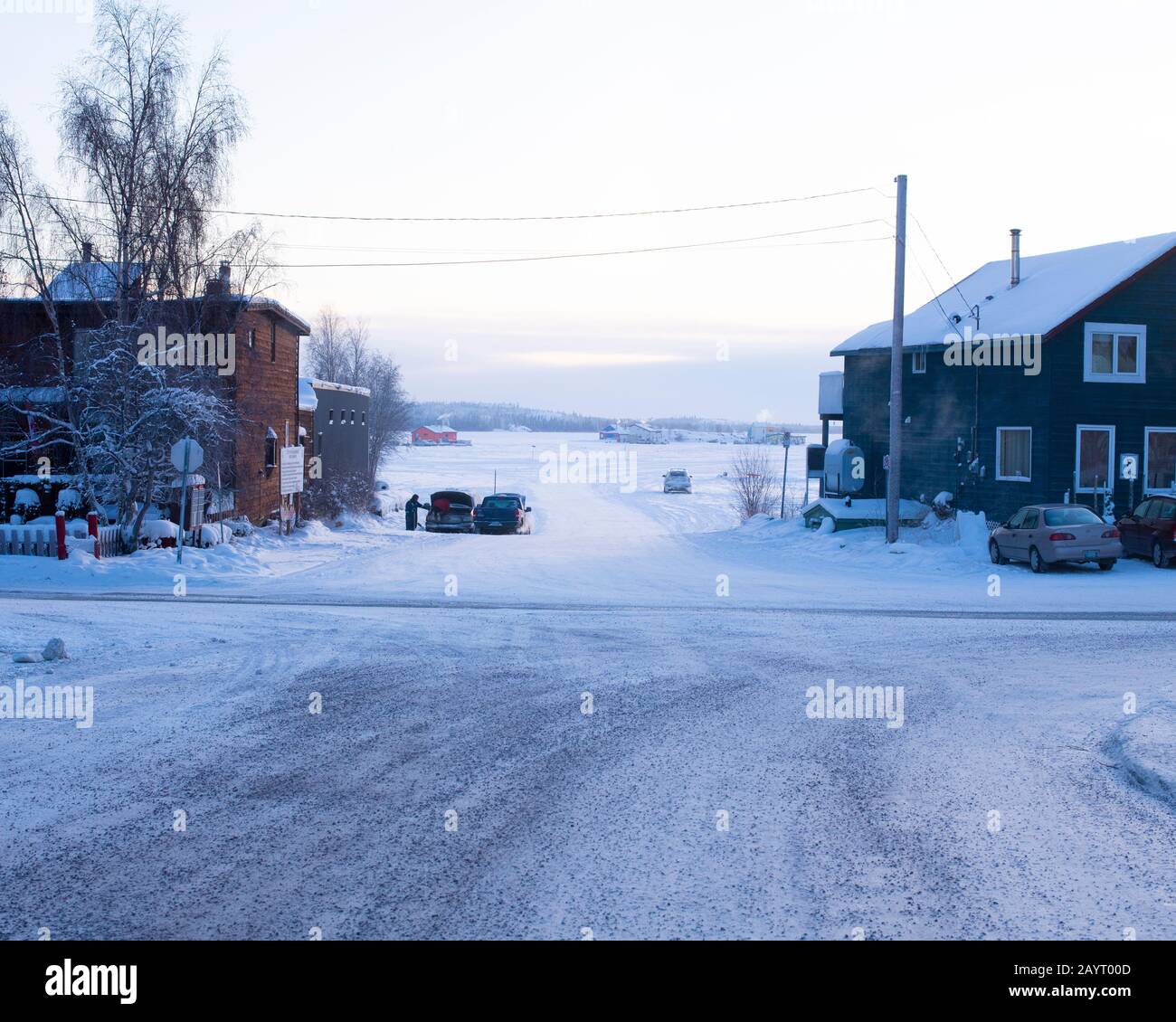 Winterszene in der Altstadt, Yellowknife, Northwest Territories, Kanada Stockfoto