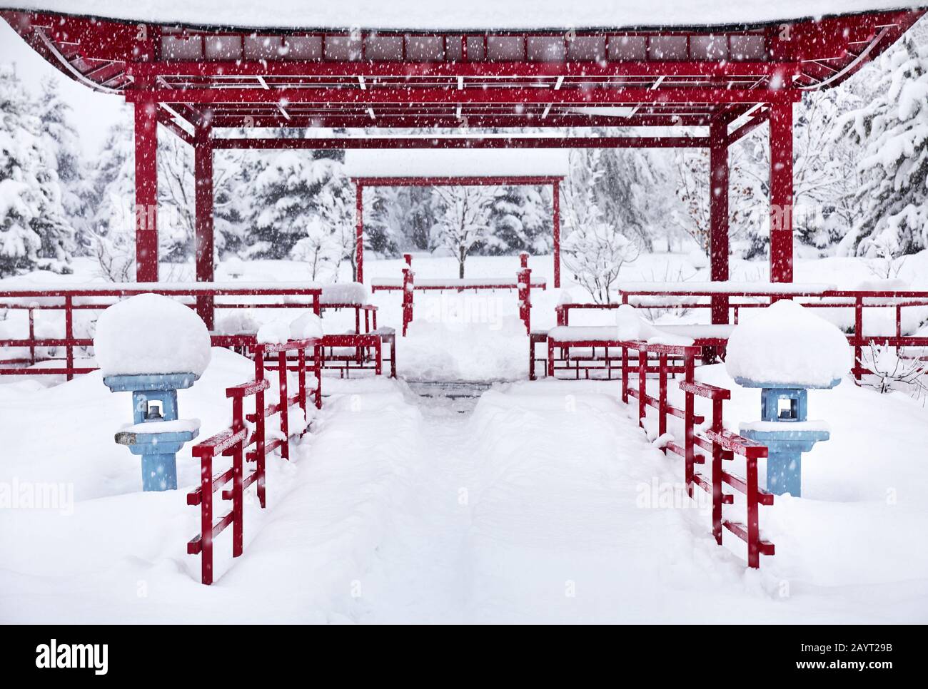 Japanischer Wintergarten mit roter Pagode bei starkem Schneefall im Stadtpark von Almaty, Kasachstan Stockfoto
