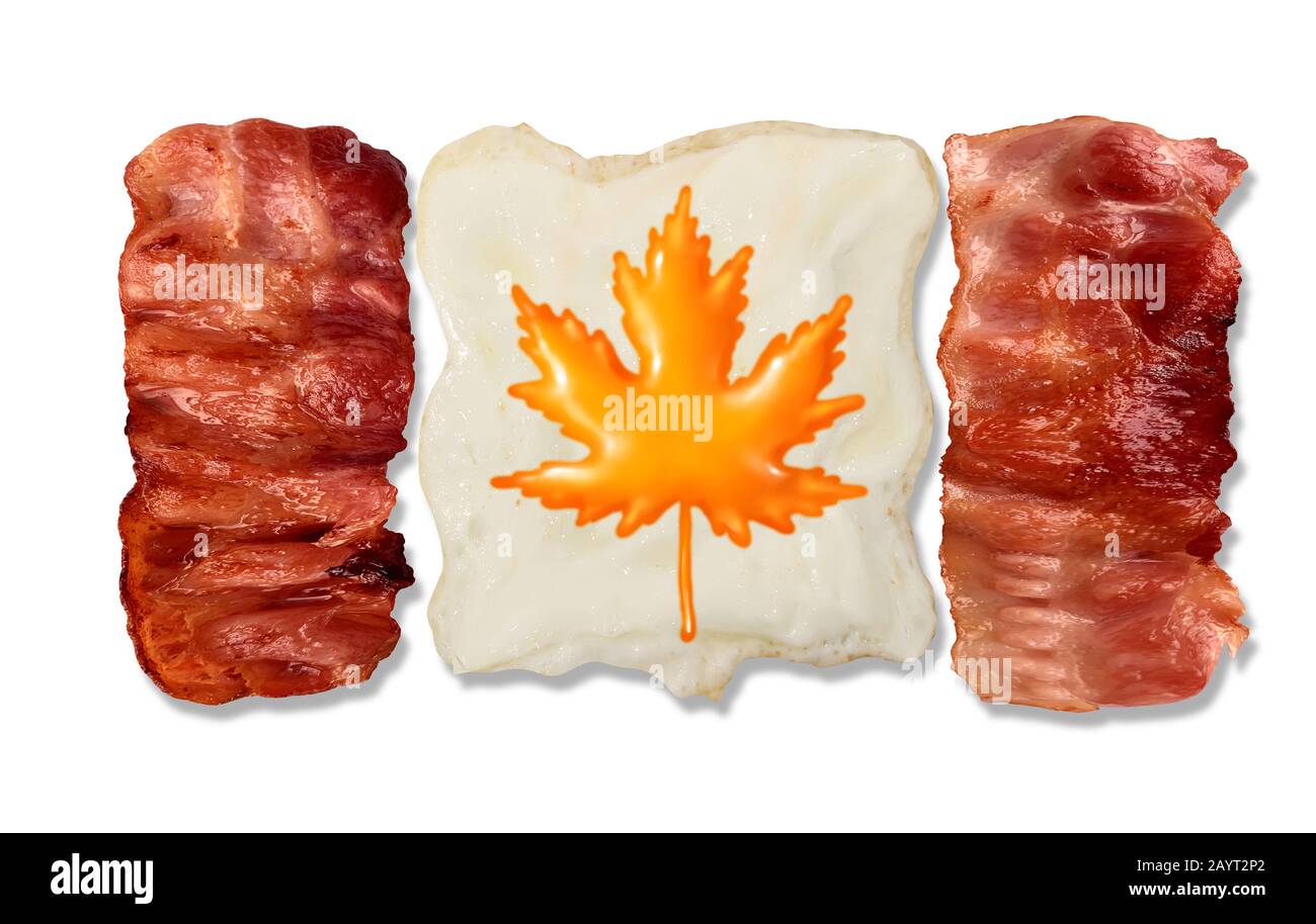 Kanadische Frühstückseier und Speckstreifen, die als kreatives Essen von Kanada geprägt sind. Stockfoto