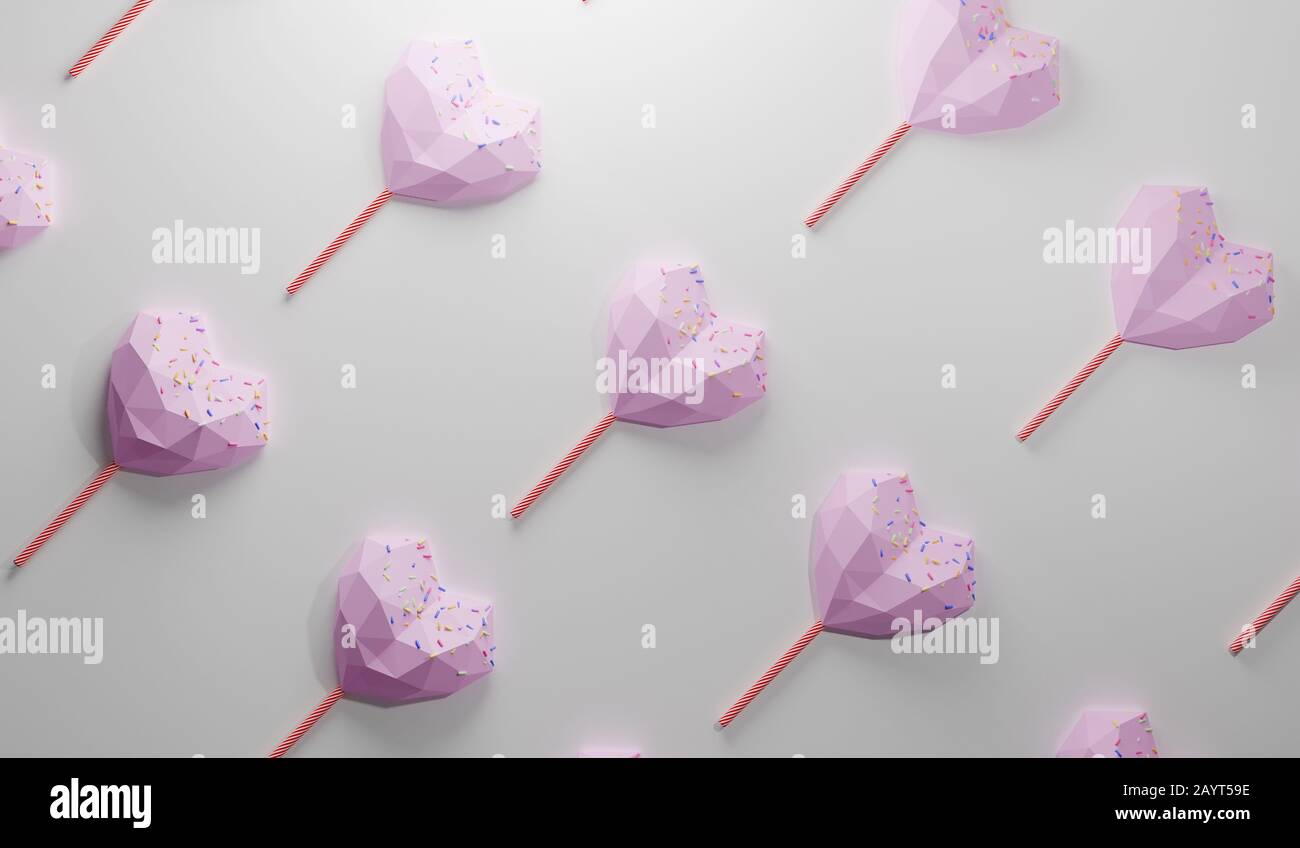 Rosa Herzform Schokoladenbonbons am Ende eines Stocks wie Lollipop mit farbenfrohem Besprühen. Süßes Lebensmittelmuster auf weißem Hintergrund, 3D-Rende Stockfoto