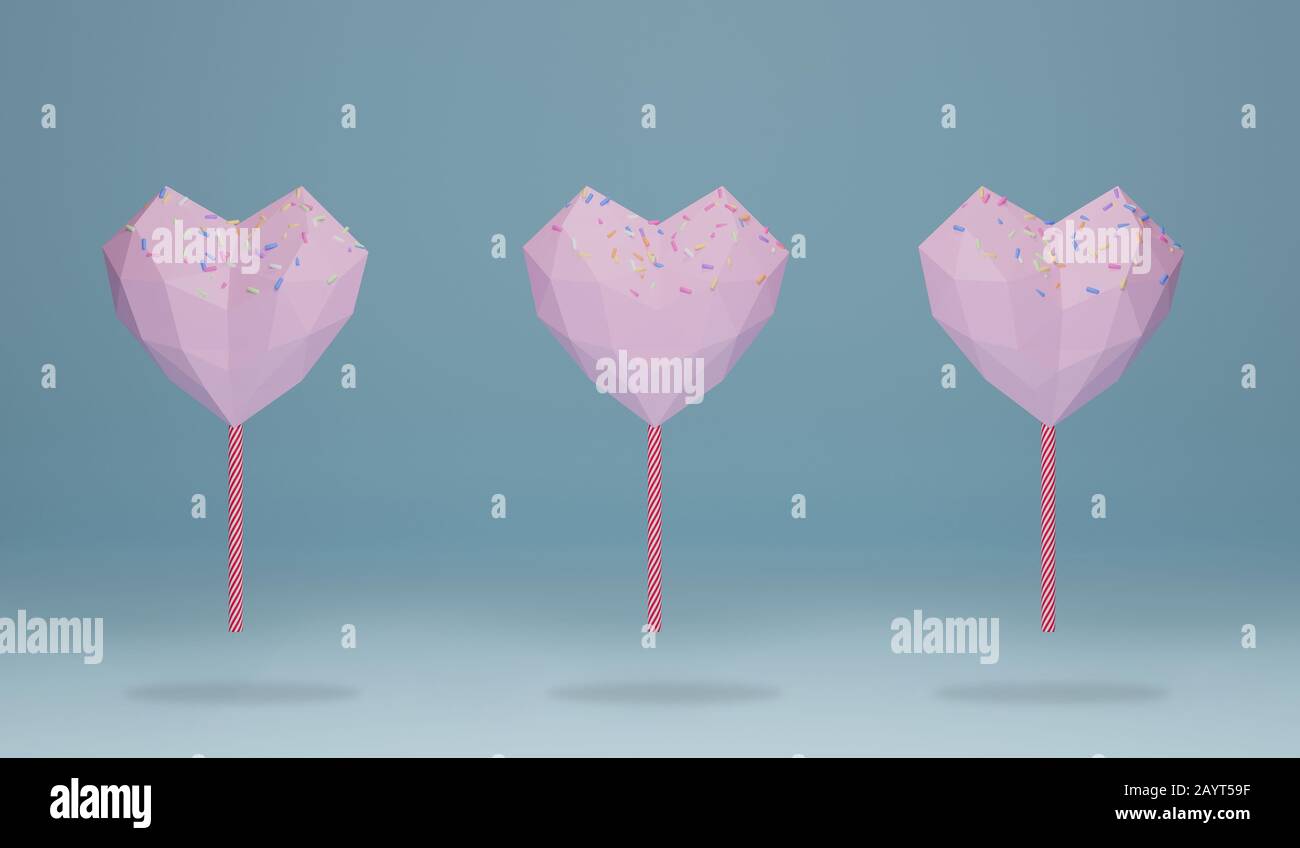 Rosa Herzform Schokoladenbonbons am Ende eines Stocks wie Lollipop mit farbenfrohem Besprühen. Süßes Lebensmittelmuster auf blauem Hintergrund, 3D-Rendering Stockfoto