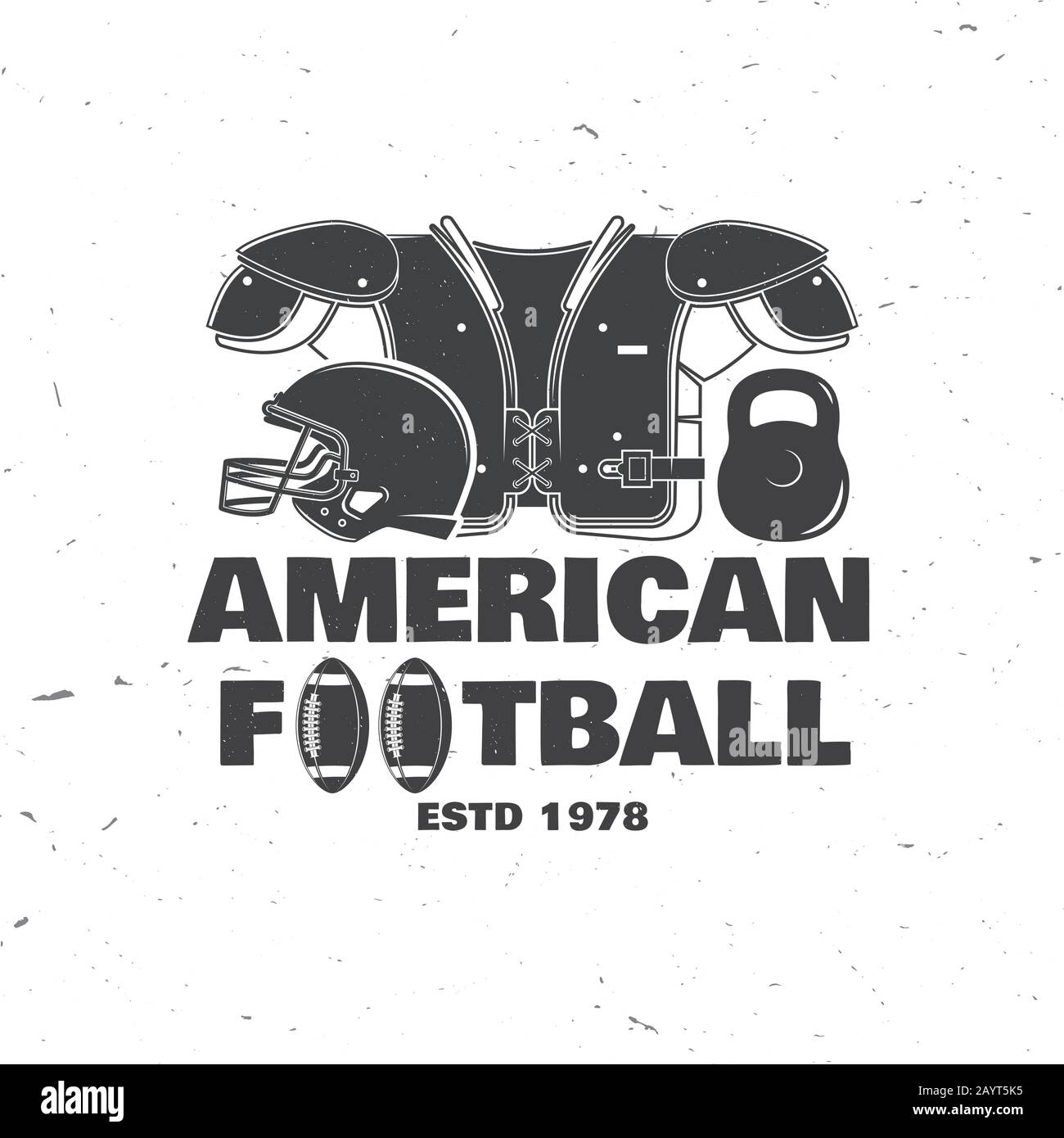 American Football- oder Rugby-Club-Abzeichen. Vector Illustration Konzept für Hemd, Logo, Druck, Stempel, T-Shirt, Patch. Vintage-Typografie-Design mit american Football Ball, Schulterpolstern und Helmsilhouette Stock Vektor