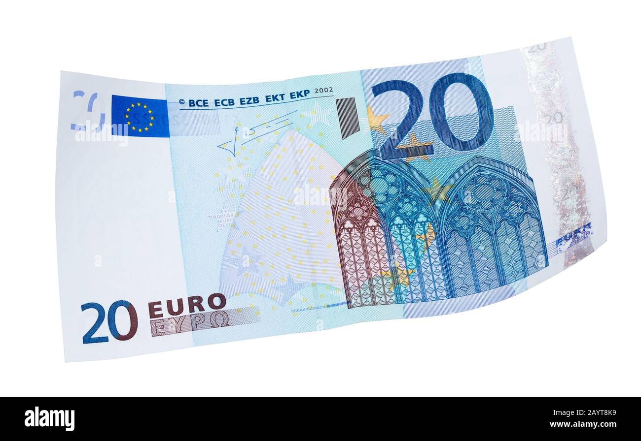 20-Euro-Banknote auf weißem Hintergrund. Hintergrund für kreatives Design oder Kunstwerk. Stockfoto