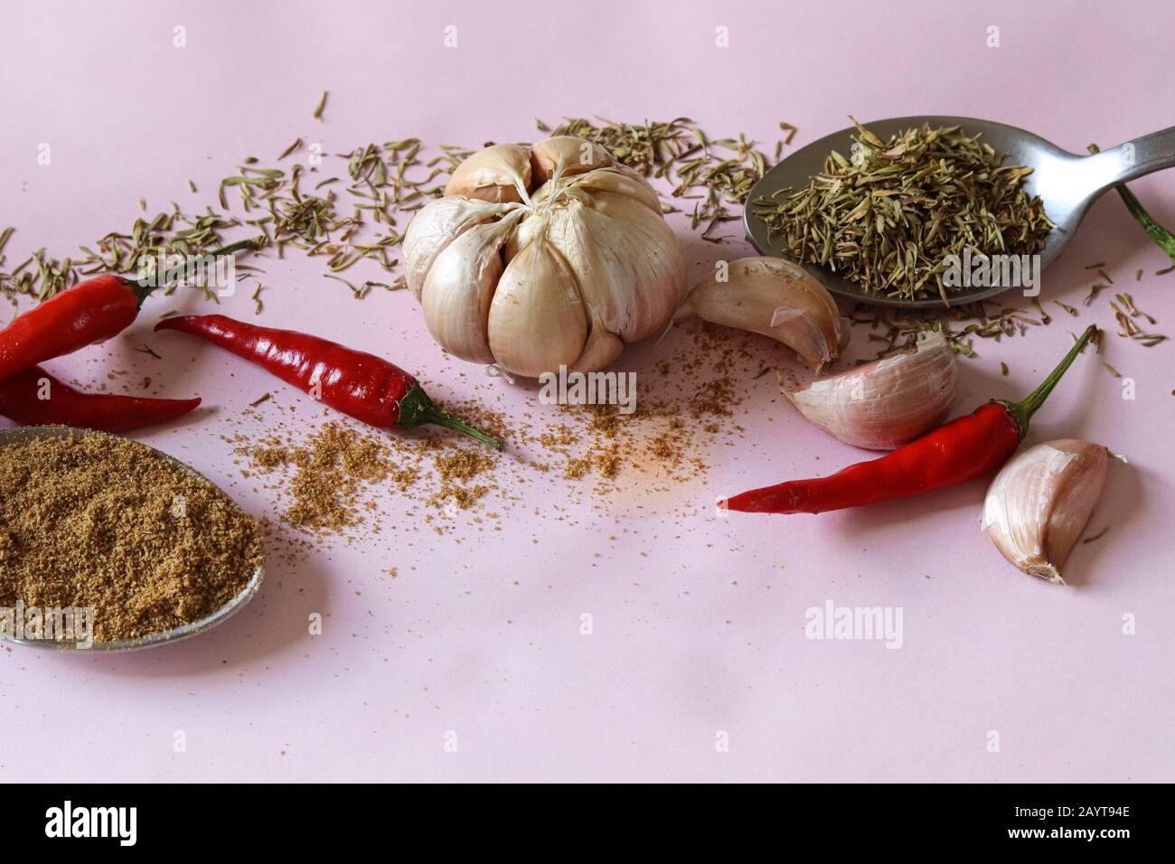 Stilllebenfoto aus Kräutern und Gewürzen zum Kochen, um das Konzept der Gastronomie, des Kochens, des Küchenlebens und der gesunden Ernährung zu zeigen Stockfoto