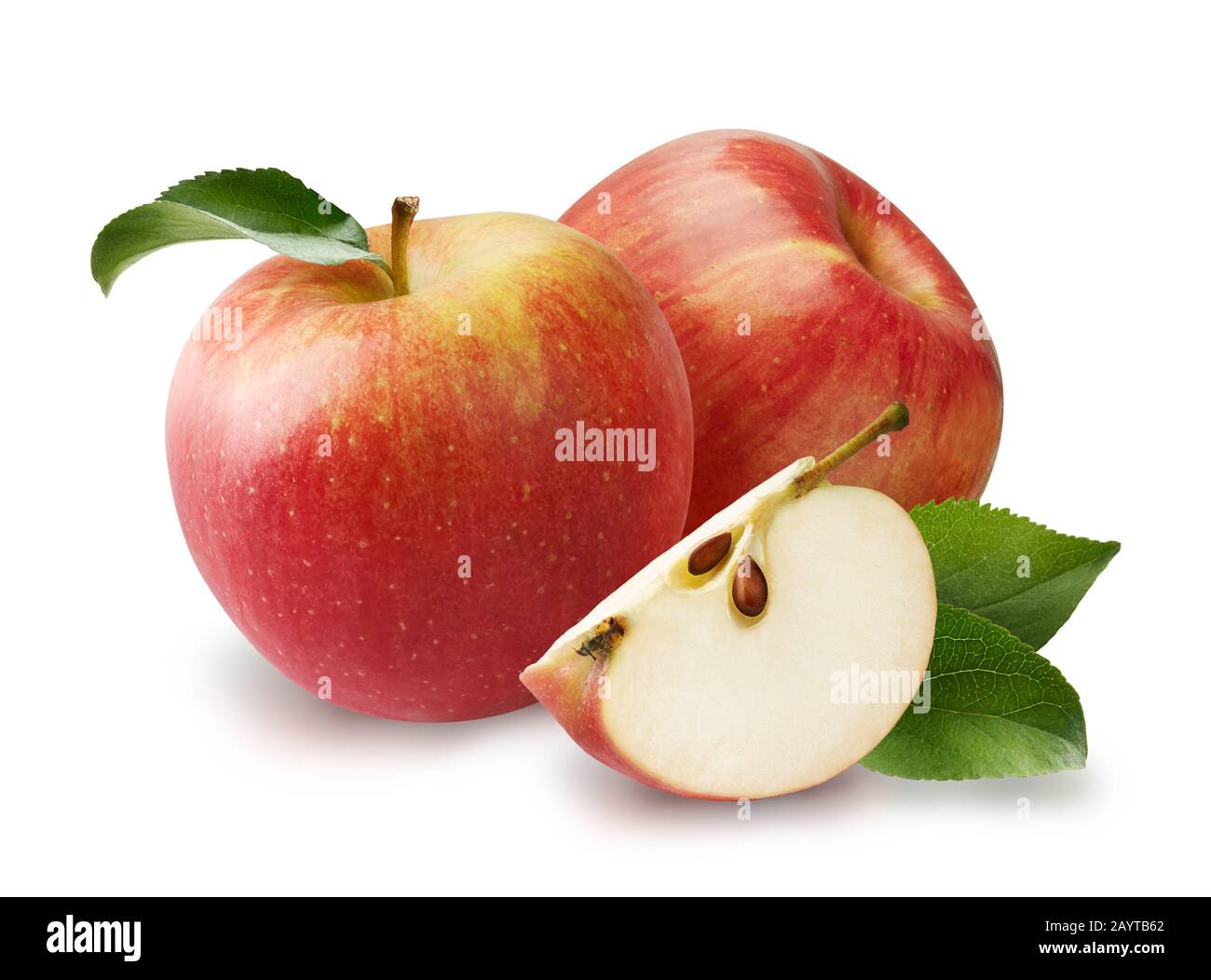 Schöne zwei rote Äpfel mit apfelblättern und apfelscheibe isoliert auf weißem Hintergrund. Stockfoto
