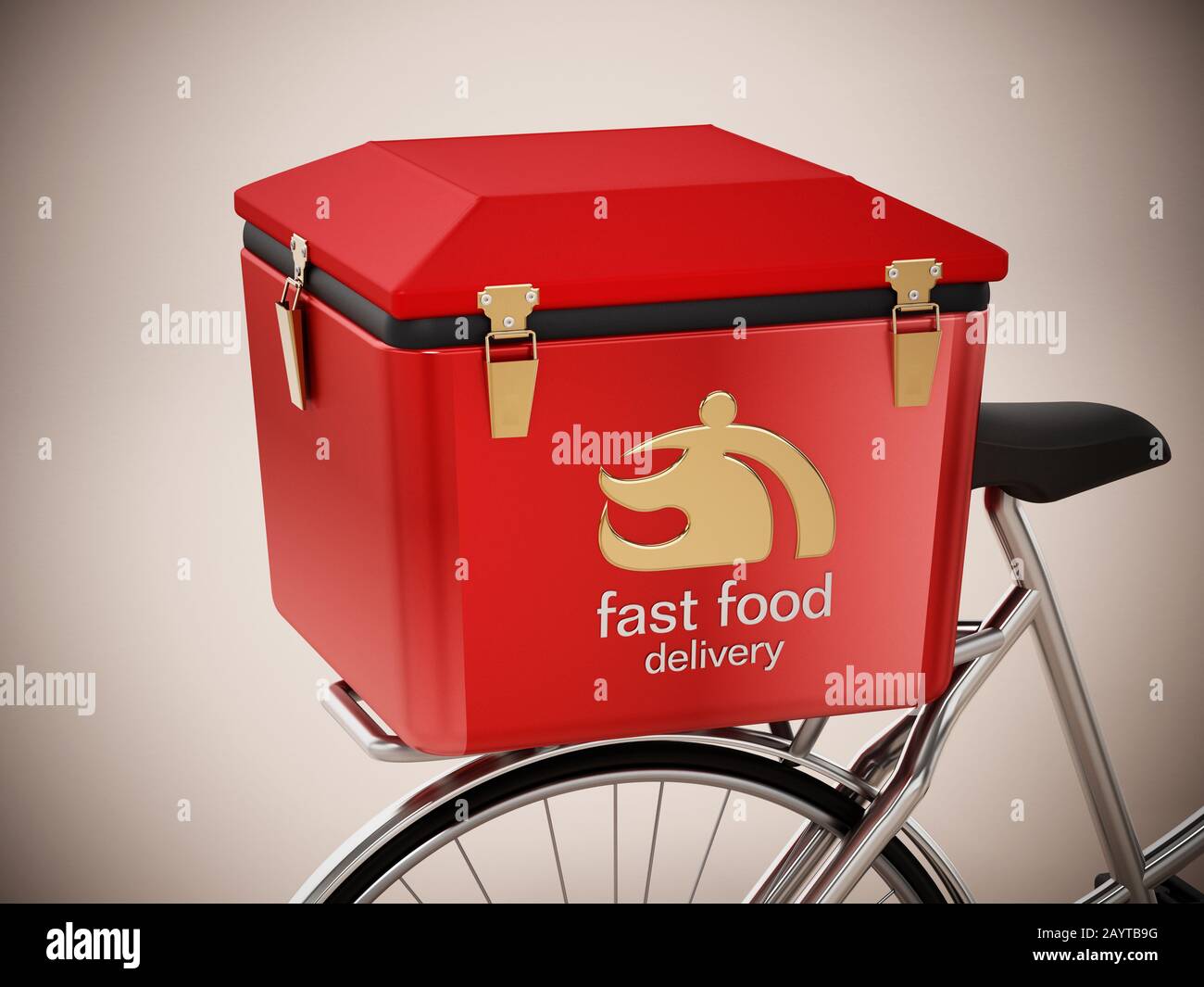 Fast Food Transportbox auf einem Fahrrad geladen. 3D-Abbildung. Stockfoto