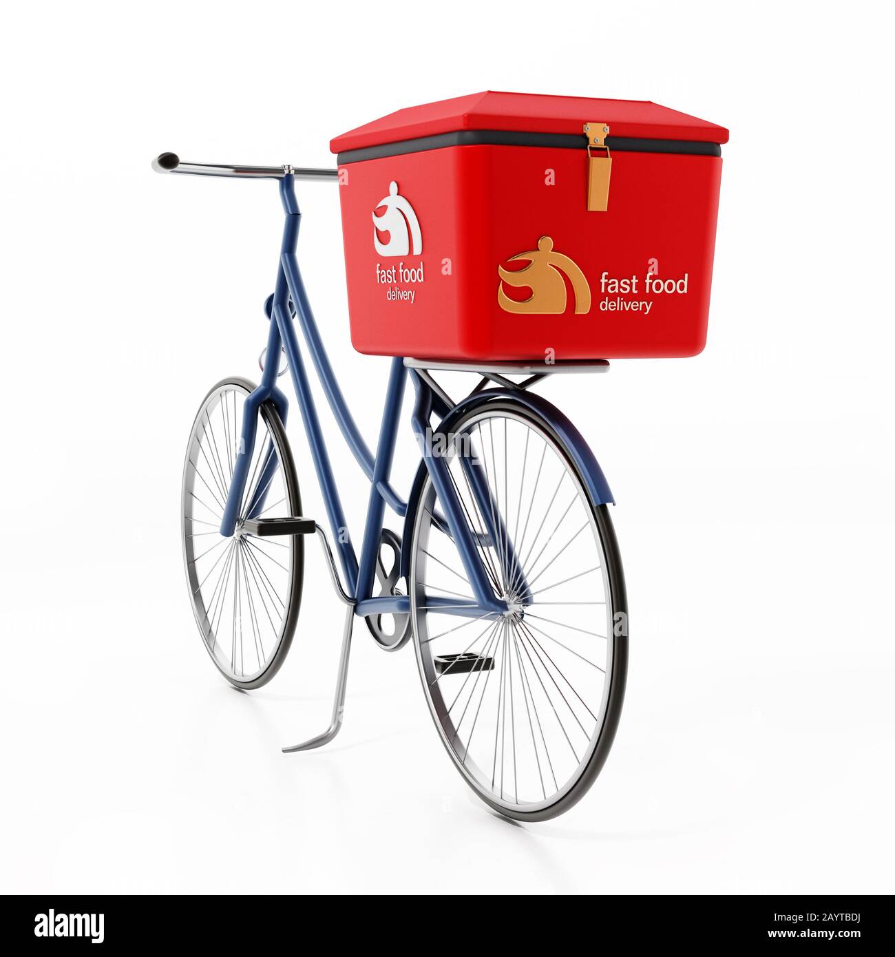 Fast Food Delivery Fahrrad isoliert auf weißem Hintergrund. 3D-Abbildung. Stockfoto