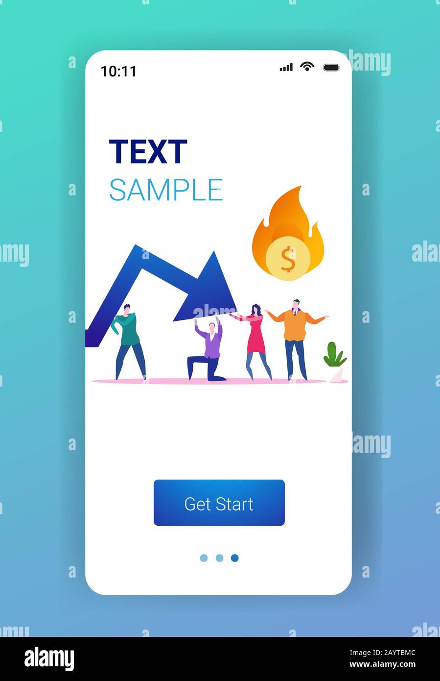 Geschäftsleute frustriert über flammendes Dollarsymbol nach unten Wirtschaftskrise Bankrott Investition Scheitern Risiko Konzept volle Länge Smartphone-Bildschirm mobile App Kopieren Raum Vektor Illustration Stock Vektor