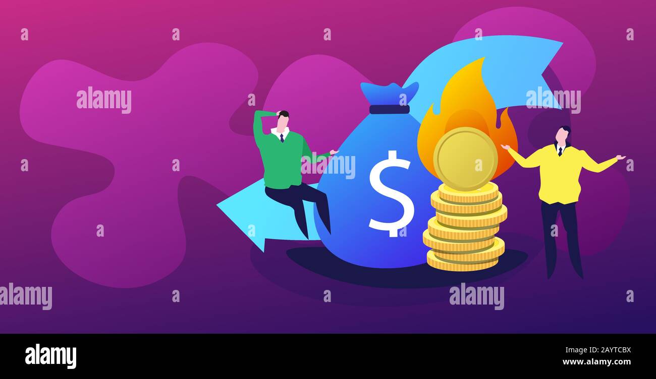 Geschäftsleute frustriert über flammende Dollarmünzen, die den wirtschaftlichen Pfeil nach unten fallen Diagramm der Finanzkrise bankrotten Investitionsausfall Risikokonzept volle Länge horizontale Vektorgrafiken Stock Vektor