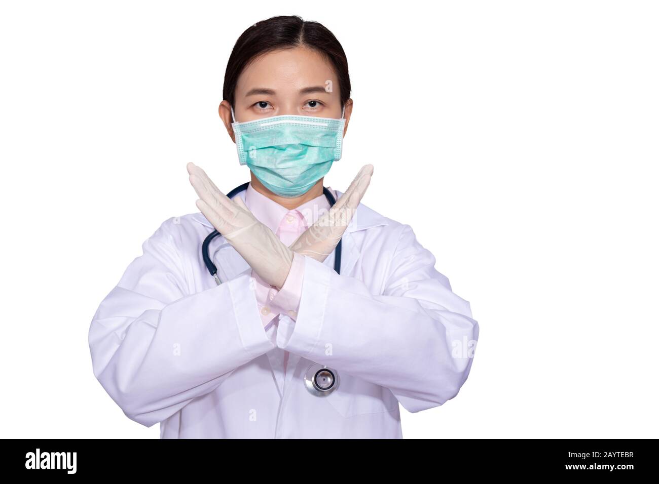 Asiatische Ärztinnen tragen medizinische Masken, heben sich die Hände als Zeichen, das die Kampagne gegen epidemische Krankheiten untersagen oder stoppen soll, um sich zu widersetzen oder zu verhindern Stockfoto