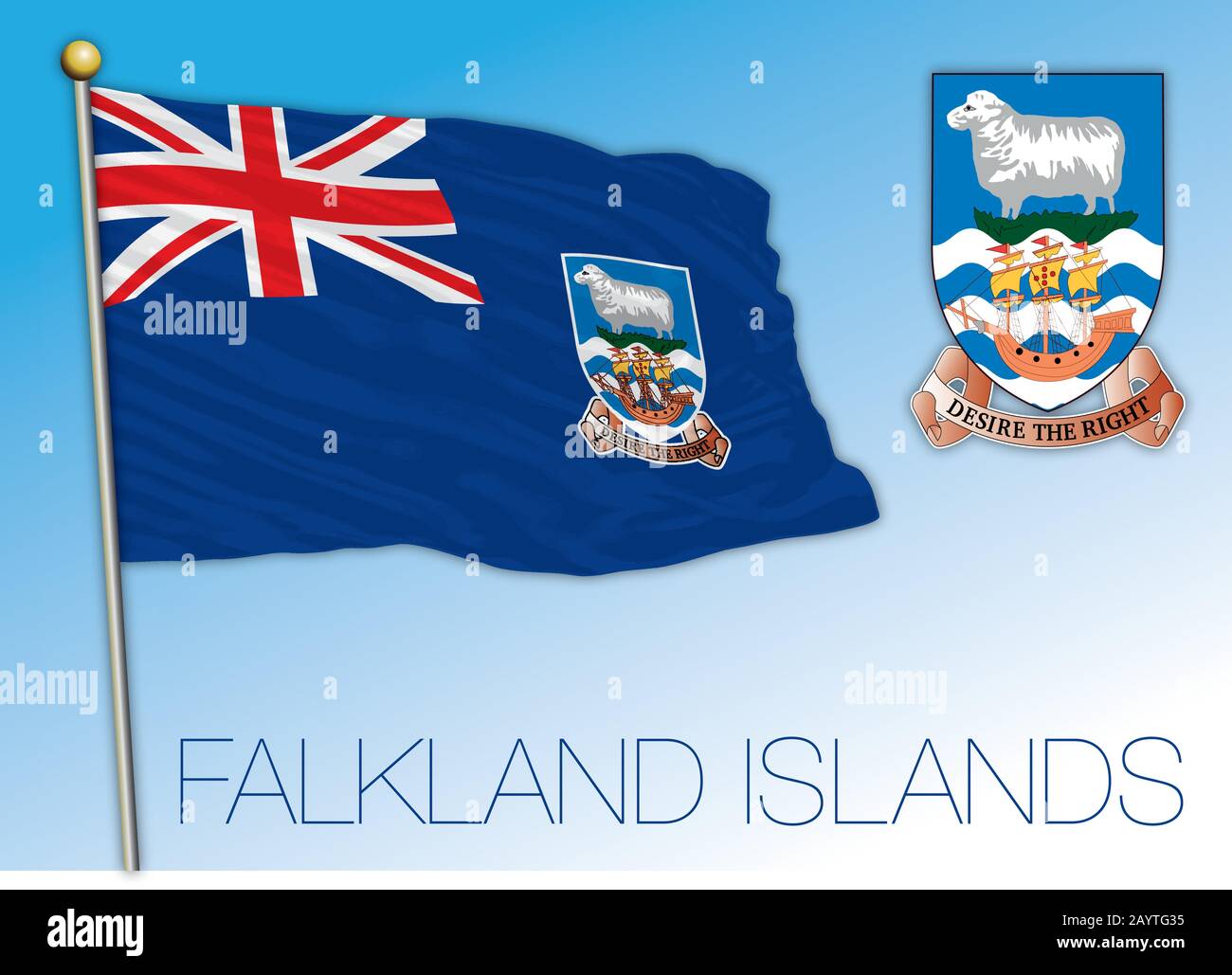 Falkland Islands offizielle Nationalflaggen und -Wappen, Großbritannien, Vektorgrafiken Stock Vektor