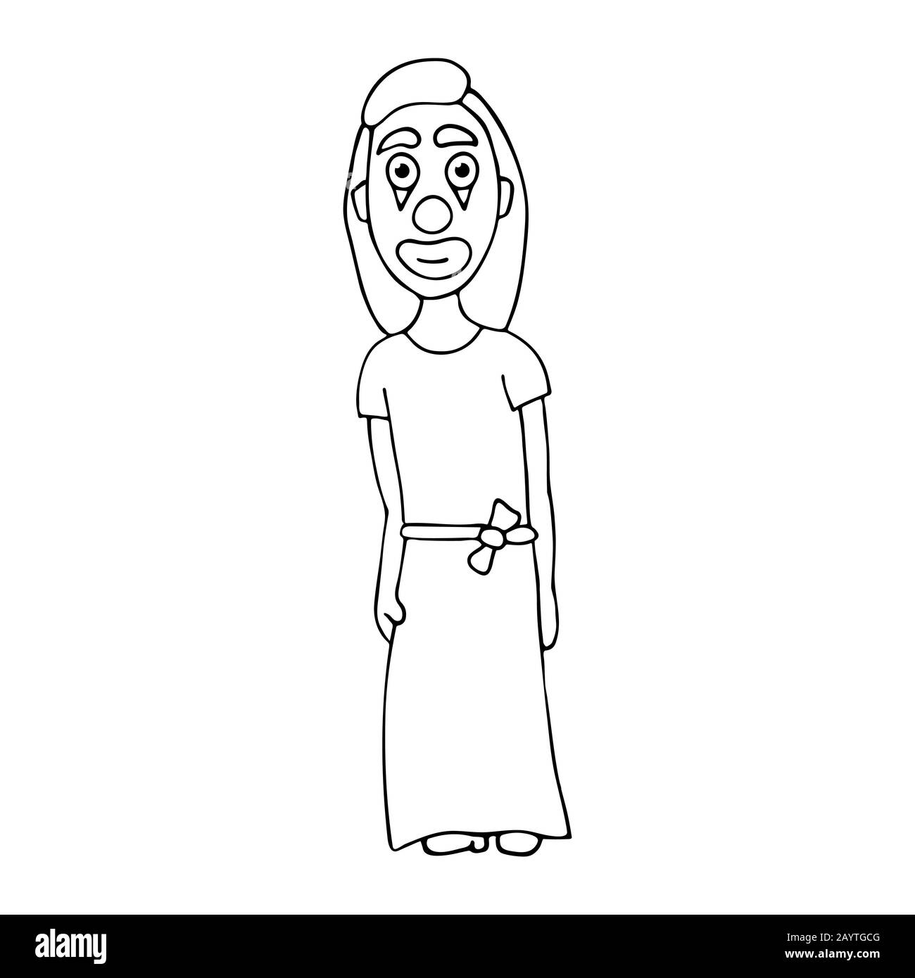 Cartoon Woman clown in Dress. Weißer Hintergrund isoliert Outline Stock Vector Illustration Stock Vektor