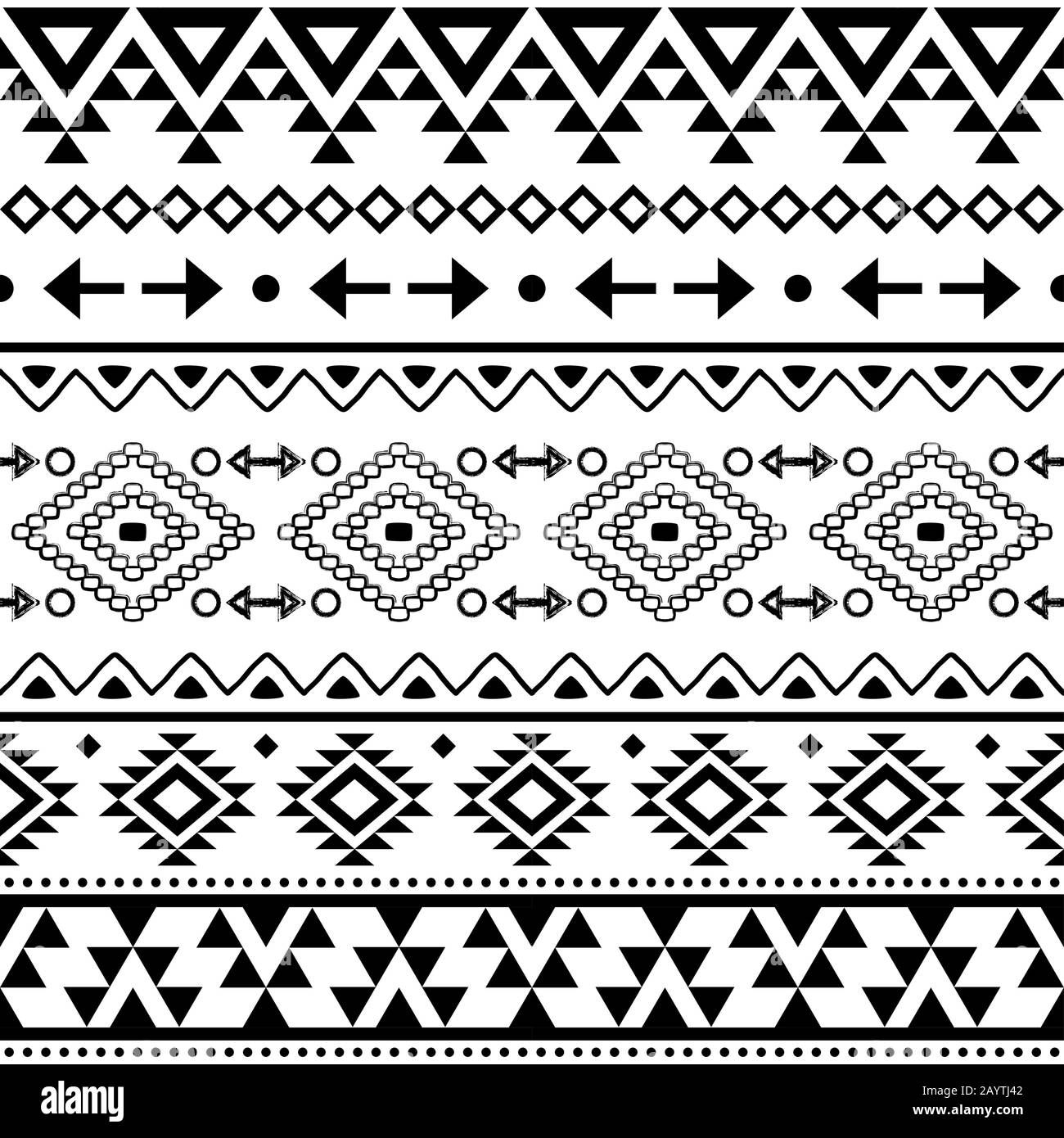 Tribal Geometric Aztec Seamless Vector Pattern, Navajo Repetitive Design in schwarzem Muster auf weißem Hintergrund Stock Vektor