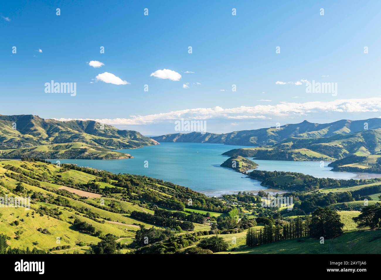 Banks Peninsula mit Blick auf Akaroa, in der Nähe von Christchurch, Canterbury, South Island, Neuseeland Stockfoto