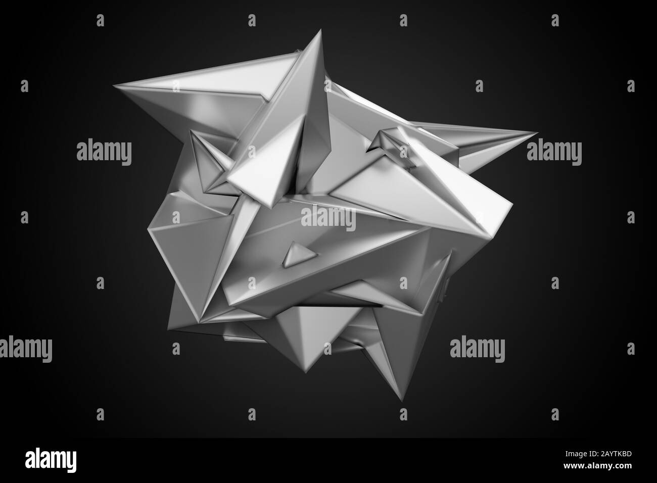 Futuristisches, silbermetallisch glänzendes, abstraktes Objekt mit Spitzen über dunklem Gradientenhintergrund - 3D-Abbildung Stockfoto