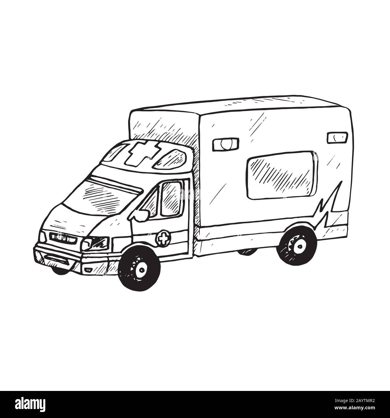 Notarztwagen, handgezeichnete Doodle-Skizze, isolierte Skizze der Umrisse Stockfoto