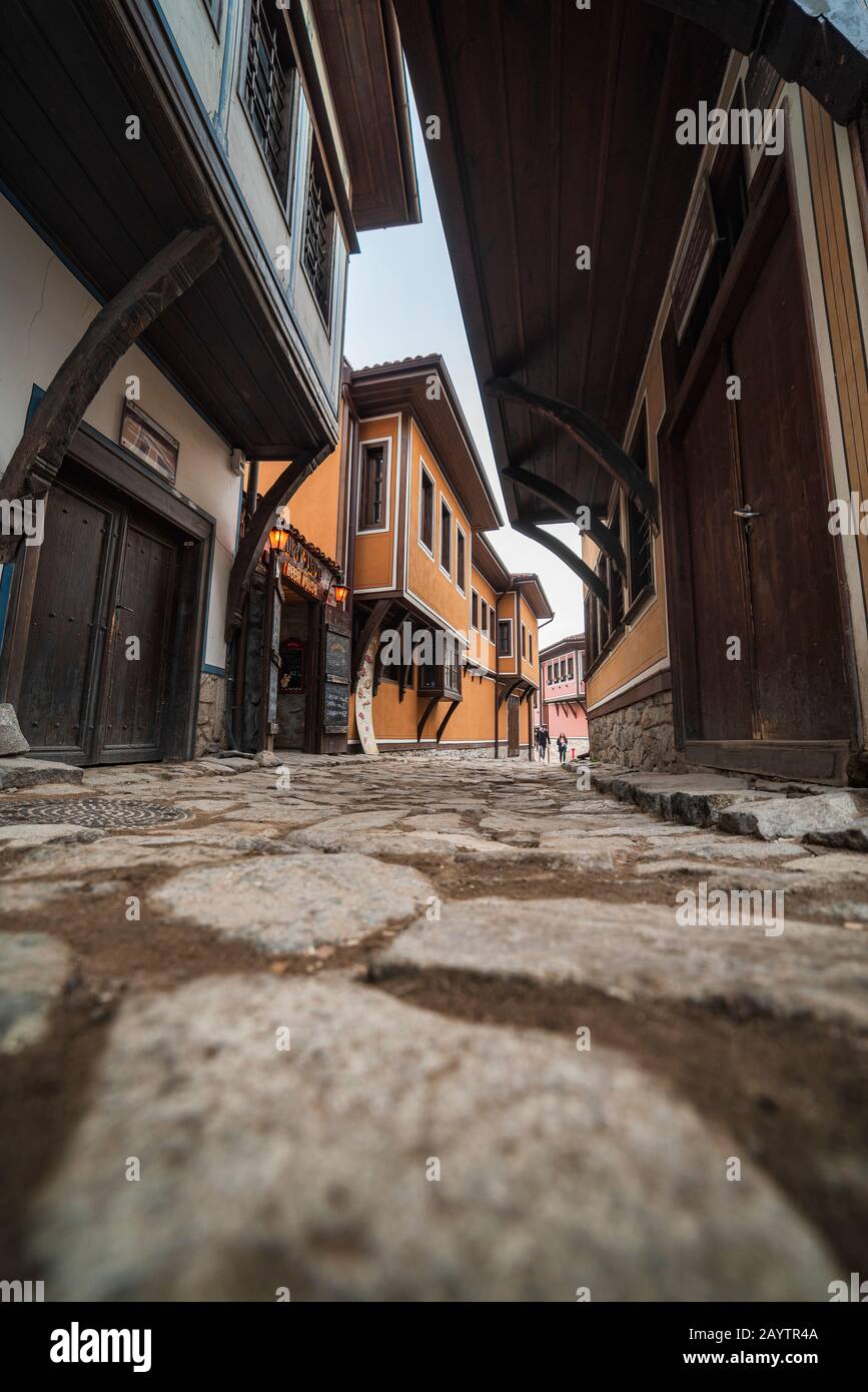 Typische Architektur aus der Altstadt von Plovdiv, Bulgarien, historischen mittelalterlichen Häusern. Alte Stadt ist UNESCO-Welterbe Stockfoto