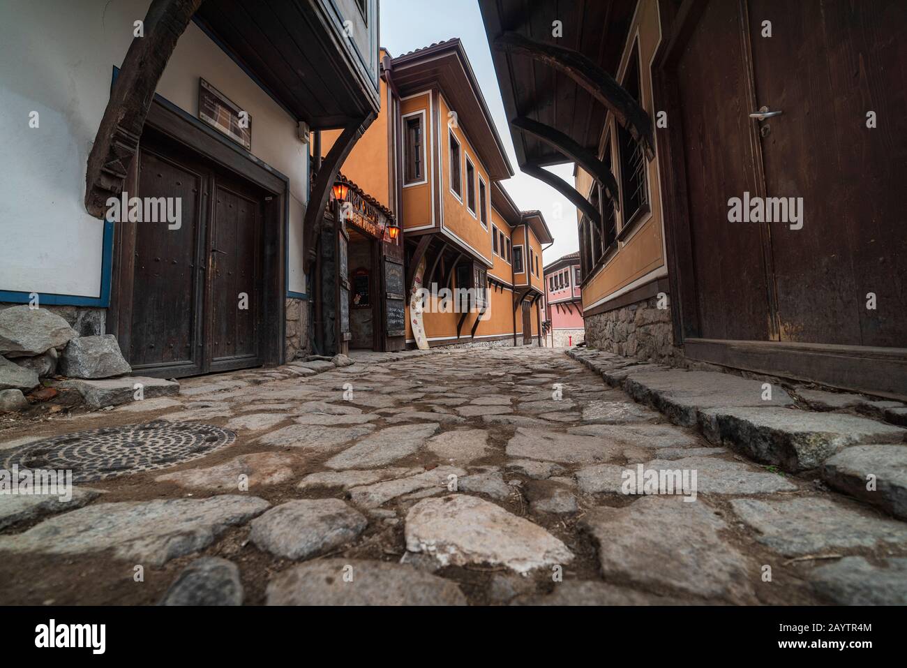 Typische Architektur aus der Altstadt von Plovdiv, Bulgarien, historischen mittelalterlichen Häusern. Alte Stadt ist UNESCO-Welterbe Stockfoto