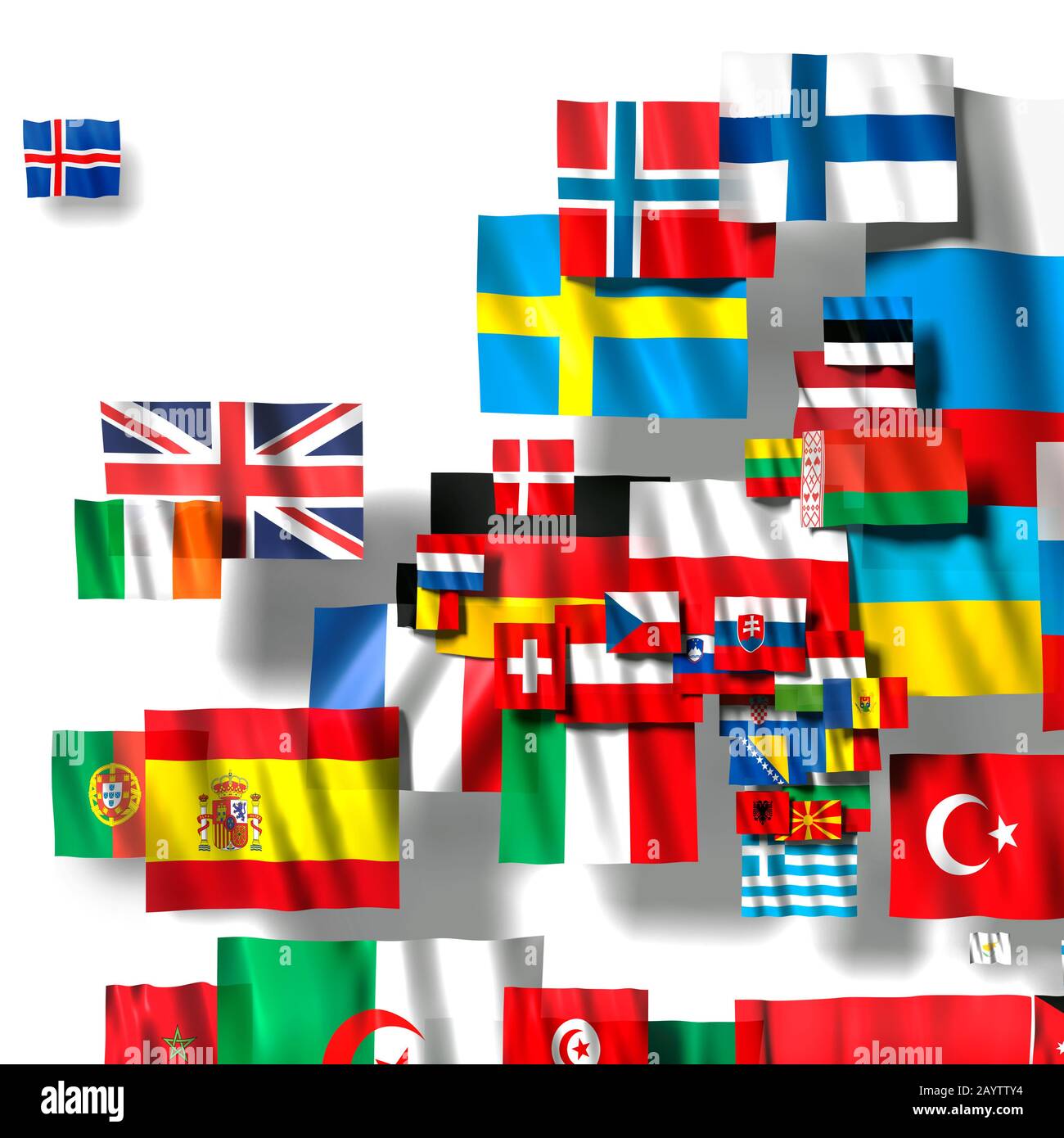 Europäische Flaggen in Form der Länder. Weißer Hintergrund. Stockfoto