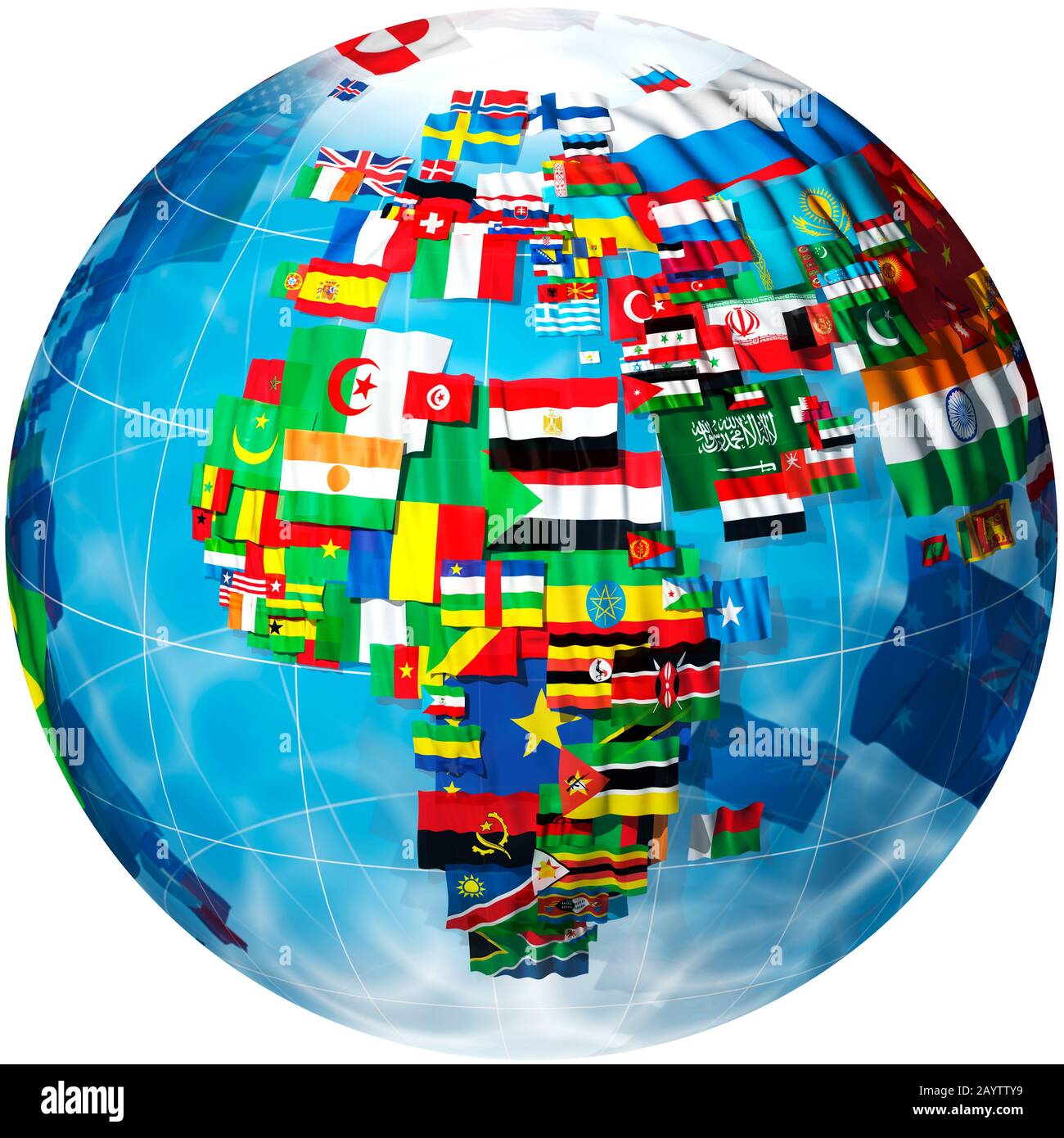 Flaggen der Welt in Form eines Globus. Weißer Hintergrund. Stockfoto