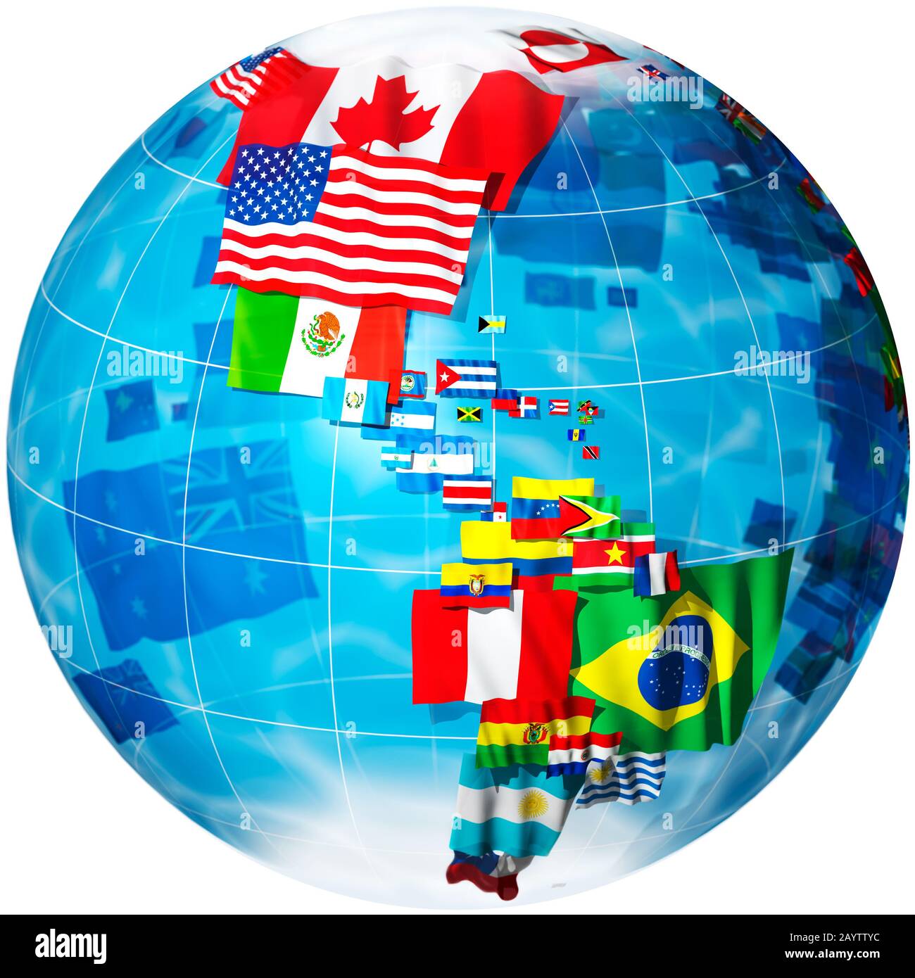 Flaggen der Welt in Form eines Globus. Blickpunkt Amerika. Weißer Hintergrund. Stockfoto