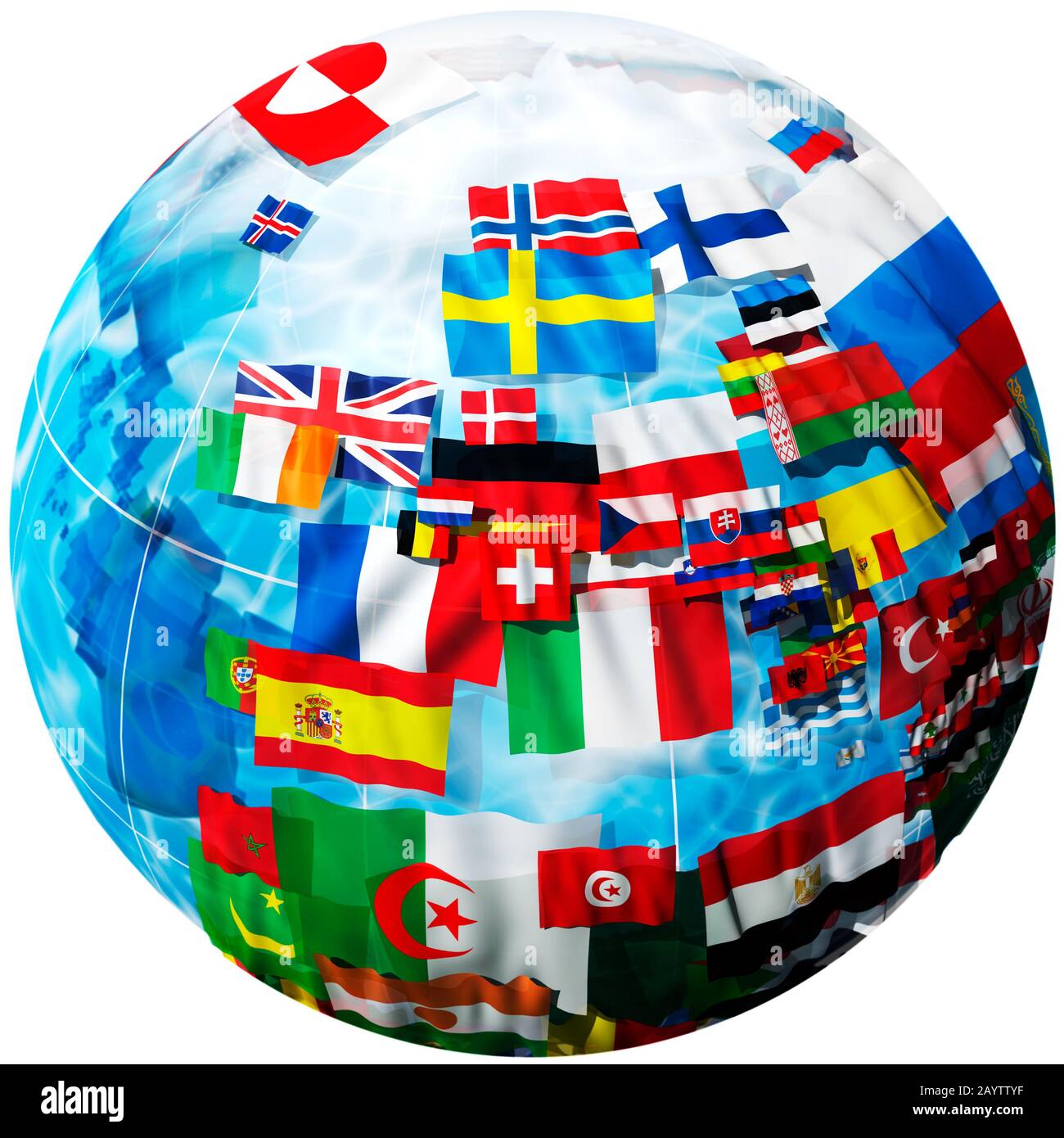 Flaggen der Welt in Form eines Globus. Europäischer Standpunkt. Weißer Hintergrund. Stockfoto