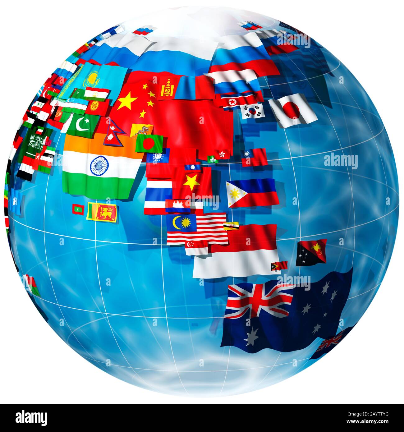 Flaggen der Welt in Form eines Globus. Aussichtspunkt Asien und Australasien. Weißer Hintergrund. Stockfoto