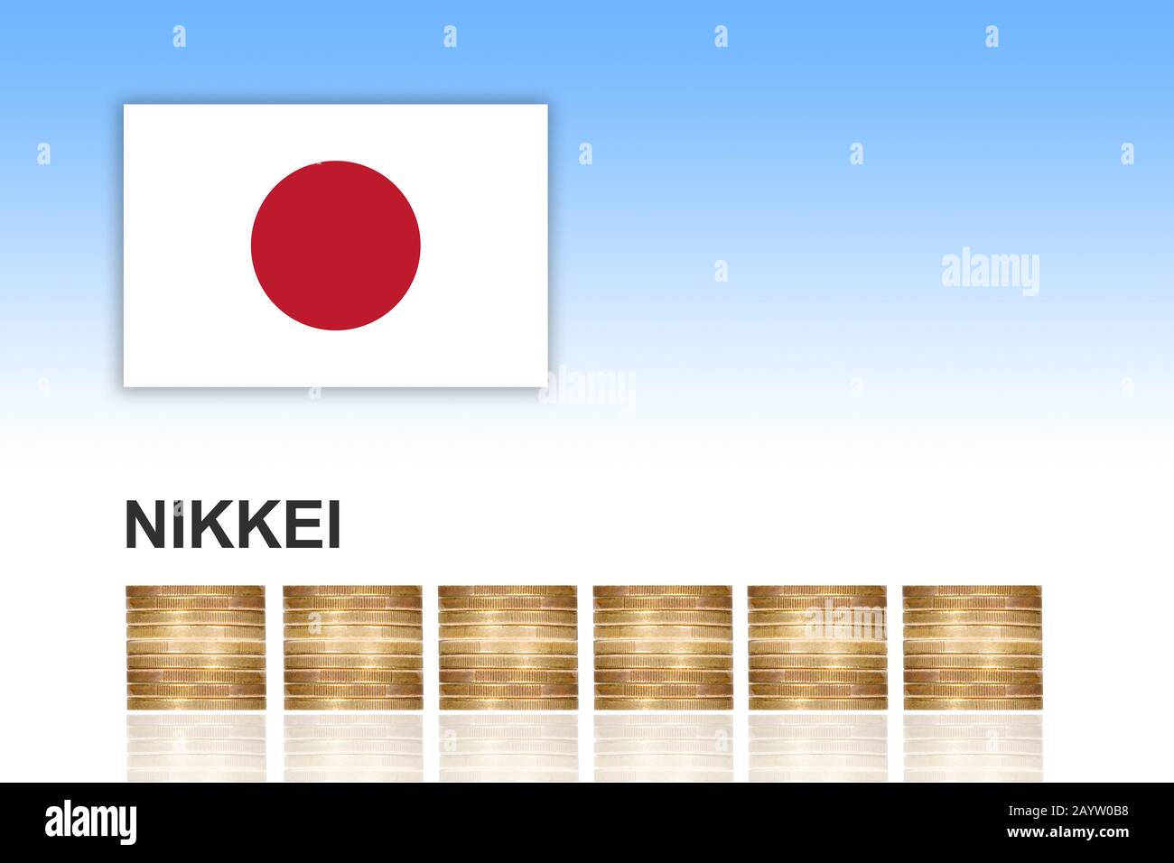 Nikkei, Nikkei Heikin Kabuka, mit gestapelten Euro-Münzen und Flagge Japans, komponierend, Japan Stockfoto