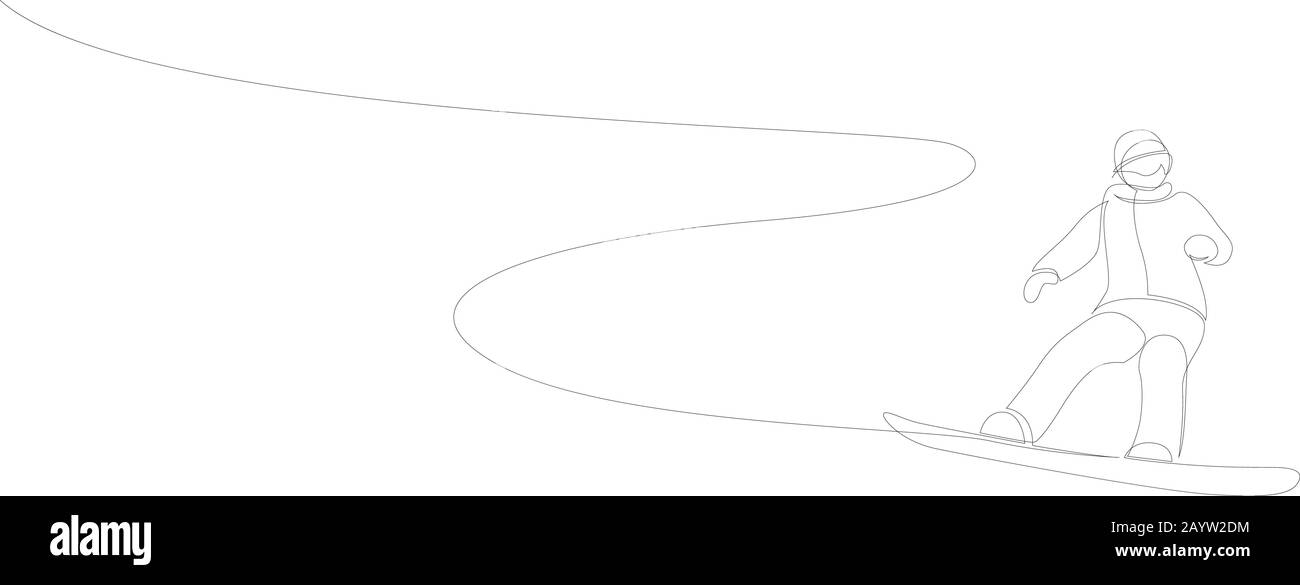 Durchgängige Ein-Linien-Zeichnung des Wintersports des Snowboardings. Ein Mann auf dem Snowboardfreistil. Design mit Vektorminimalismus. Stock Vektor
